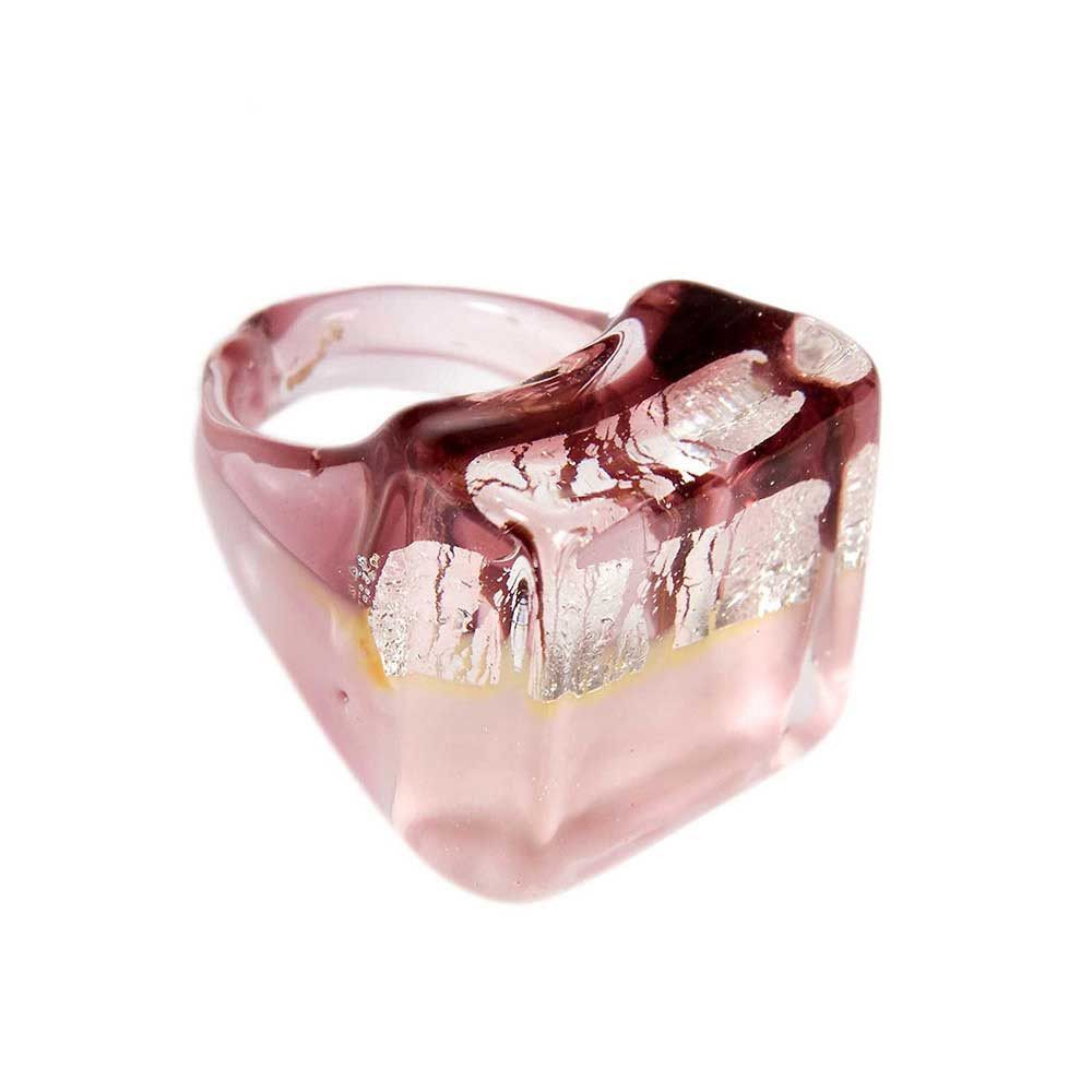 Square Ring Murano Glass Rose Silver Leaf 100% Original Italian Inside Most Popular Pink Murano Glass Leaf Rings (View 1 of 25)