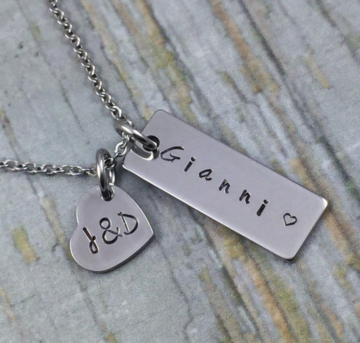 Stainless Steel Personalized Name Plate Necklace, Custom Hand Stamped  Necklace, Couples Initials Heart Charm, Children Names, Mom Necklace With Regard To Current Ampersand Alphabet Locket Element Necklaces (View 6 of 25)