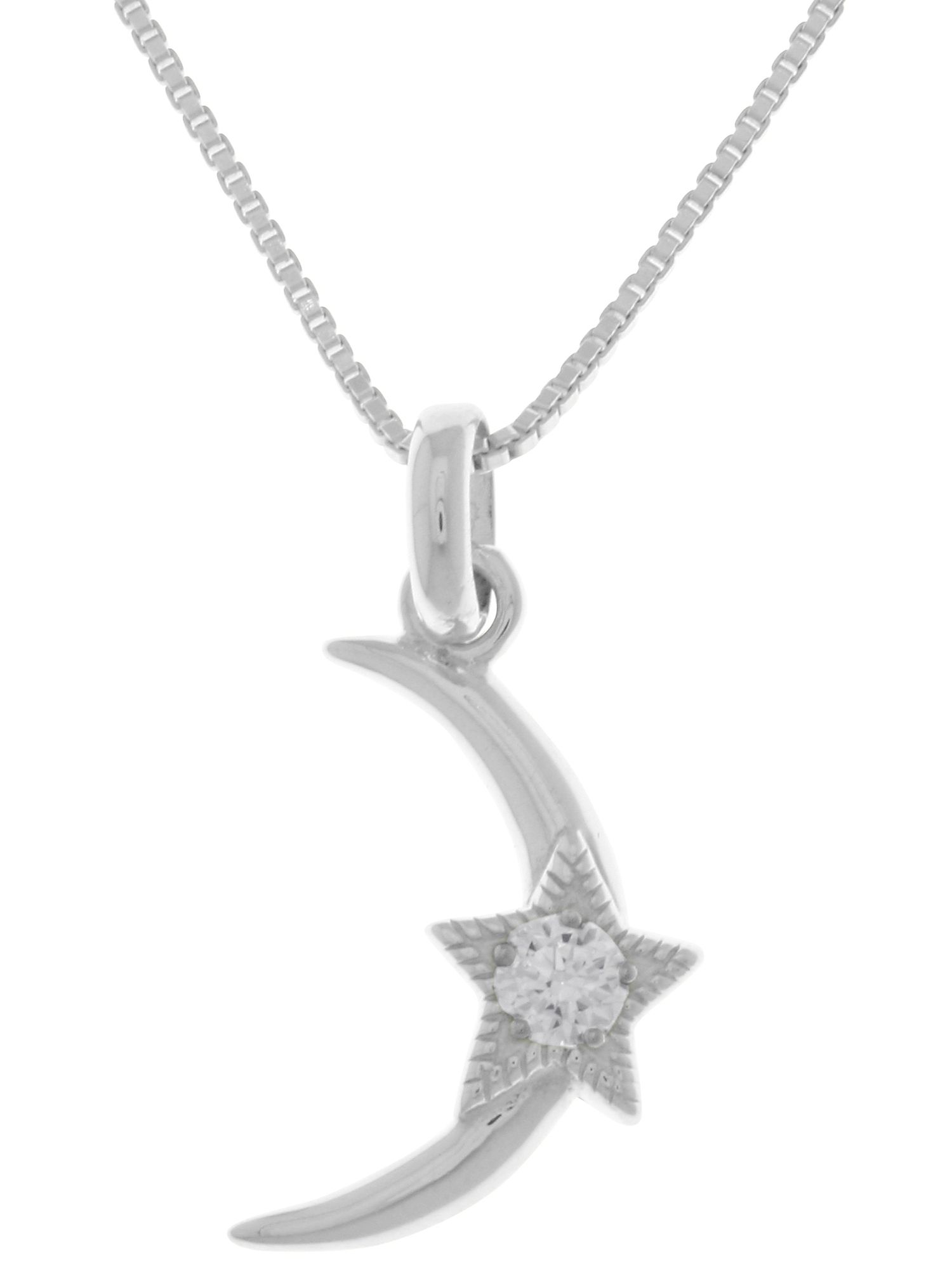 Sterling Silver Crescent Moon And Star Pendant With Cubic Zirconia On 18  Inch Box Chain Necklace Within 2019 Polished Moon & Star Pendant Necklaces (View 25 of 25)