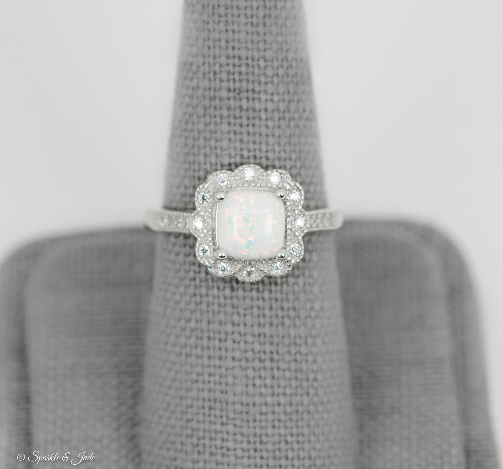 Sterling Silver Cushion Cut Opal Floral Halo Ring  Sparkle & Jade In Most Recent Sparkling Square Halo Rings (View 12 of 25)