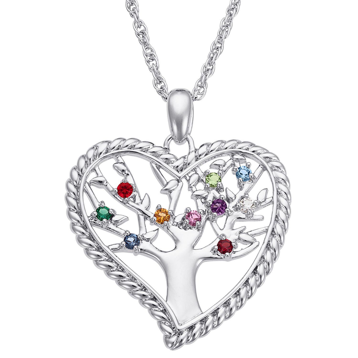 Sterling Silver Family Heart Birthstone Tree Pendant Pertaining To Recent Family Tree Heart Pendant Necklaces (View 2 of 25)