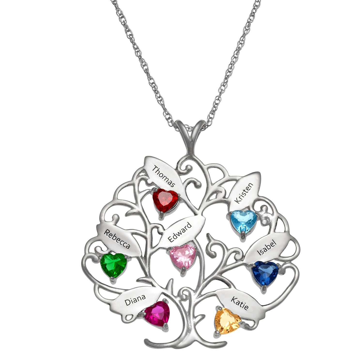 Sterling Silver Family Name Tree And Birthstone Heart Pendant Inside Recent Sparkling Family Tree Necklaces (View 21 of 25)