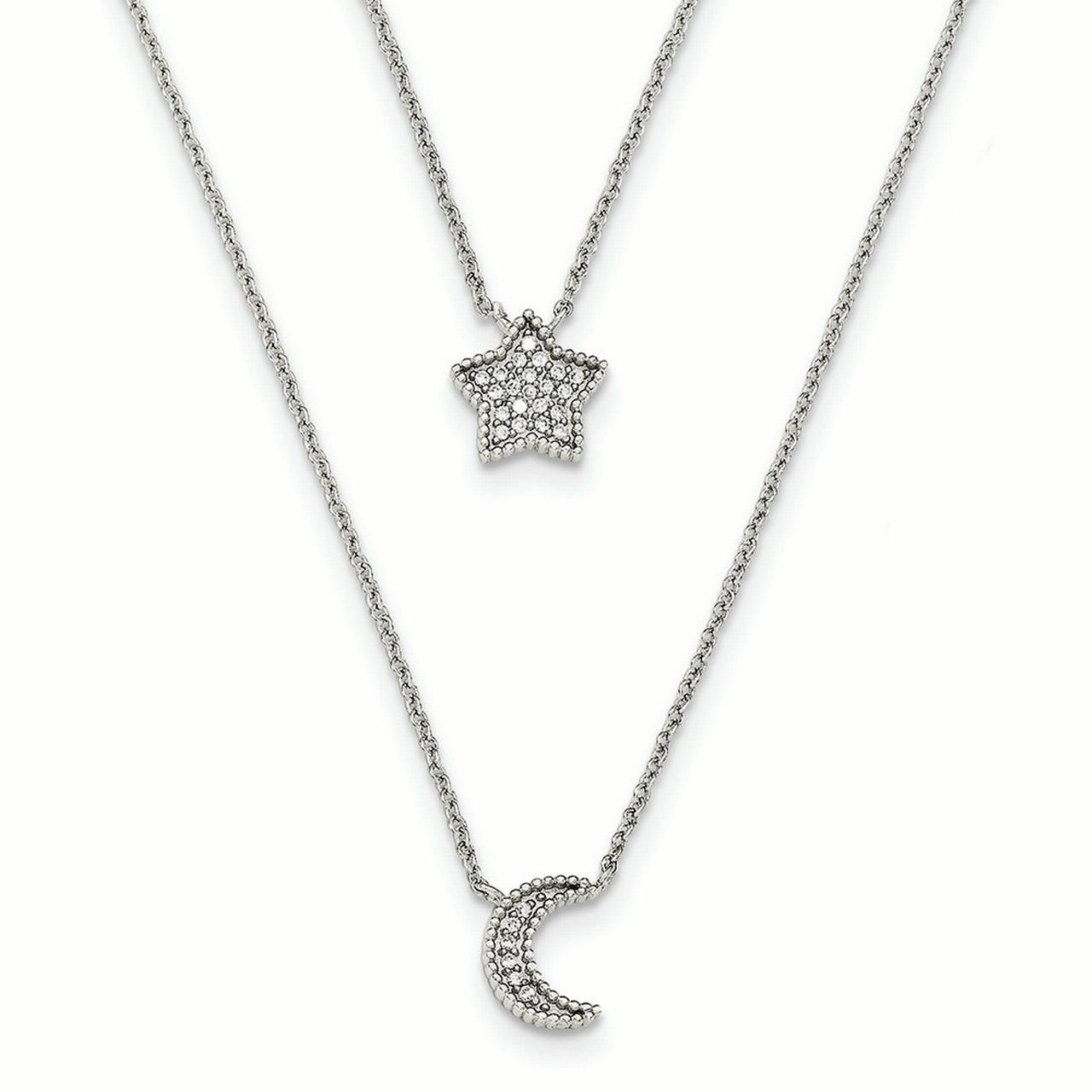 Sterling Silver Polished Cz Moon And Star Double Strand Necklace, 16" Regarding Newest Polished Moon & Star Pendant Necklaces (View 9 of 25)