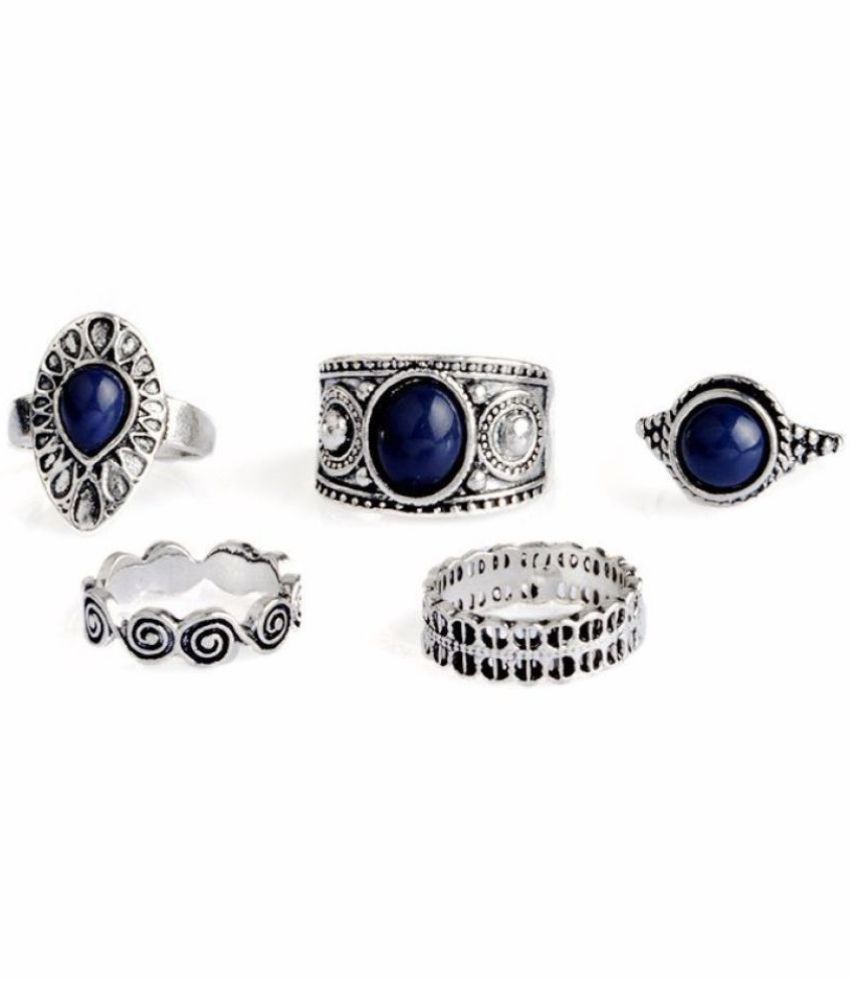 Stripes Presents Party Wear 5 Piece Finger Ring Set With Blue Stone Ethnic  Antique Oxidised Silver Plating Rings Set For Girl / Women For 2018 Blue Stripes &amp; Stones Rings (View 9 of 25)