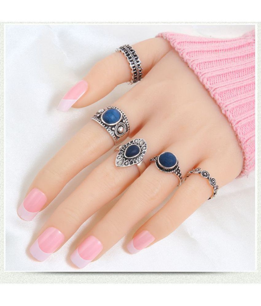 Stripes Presents Party Wear 5 Piece Finger Ring Set With Blue Stone Ethnic  Antique Oxidised Silver Plating Rings Set For Girl / Women With Regard To 2018 Blue Stripes & Stones Rings (View 8 of 25)