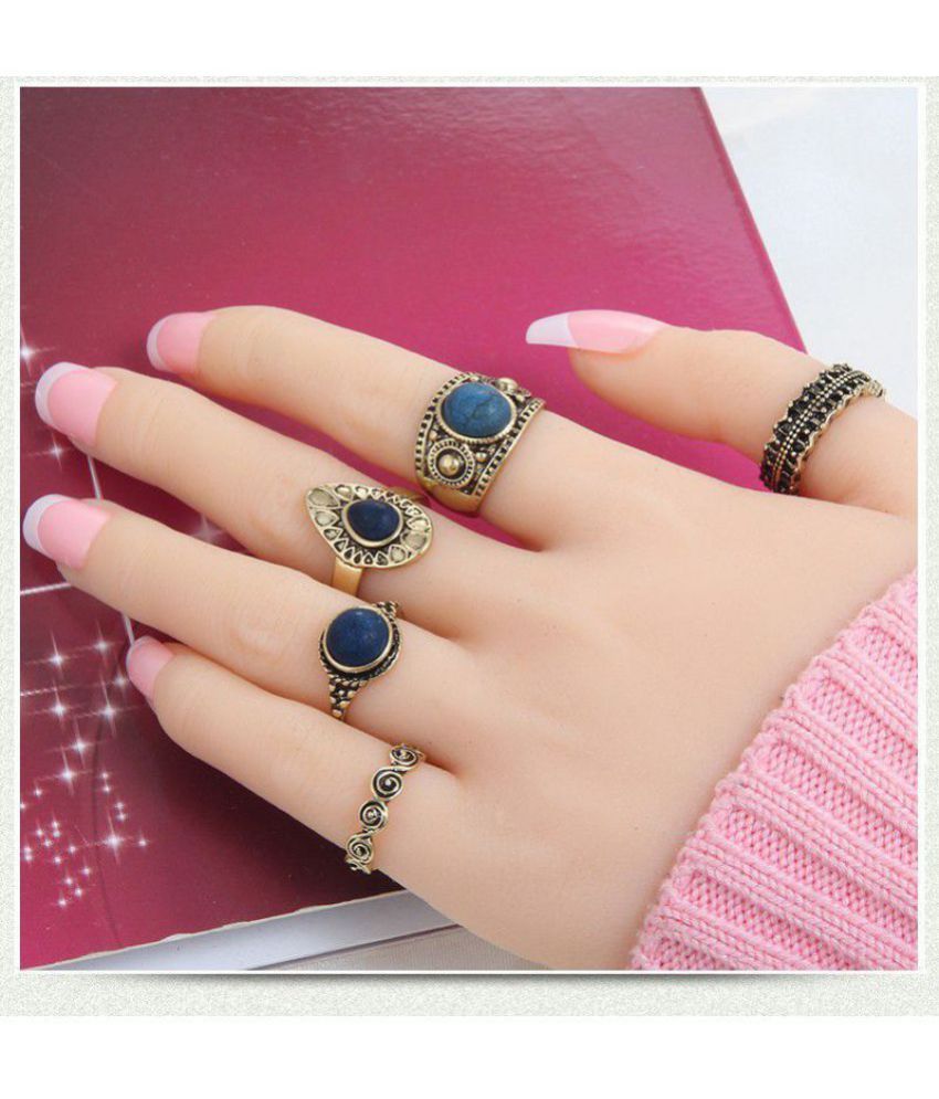 Stripes Presents Party Wear Vintage 5 Piece Midi Ring Set With Blue Stone  Ethnic Antique Oxidised Gold Plating Rings Set For Girl / Women Within Most Recently Released Blue Stripes & Stones Rings (View 6 of 25)