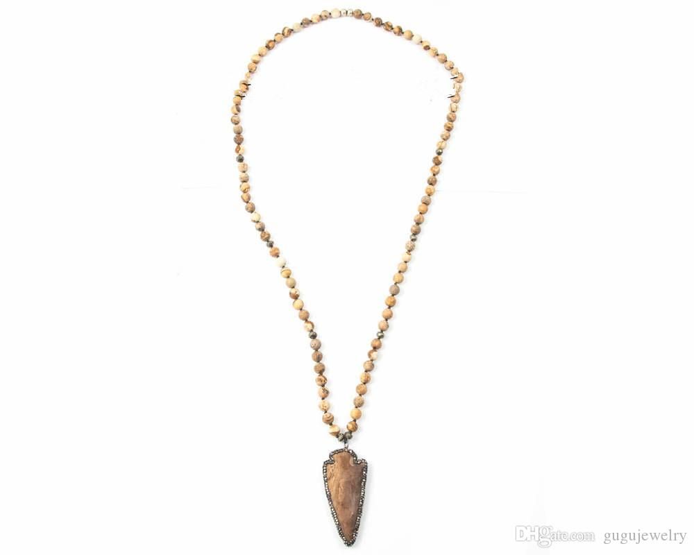 Tan Picture Jasper Knot Beads Necklace Pave Arrowhead Pendant Necklace With 2020 Beads & Pavé Necklaces (View 22 of 25)
