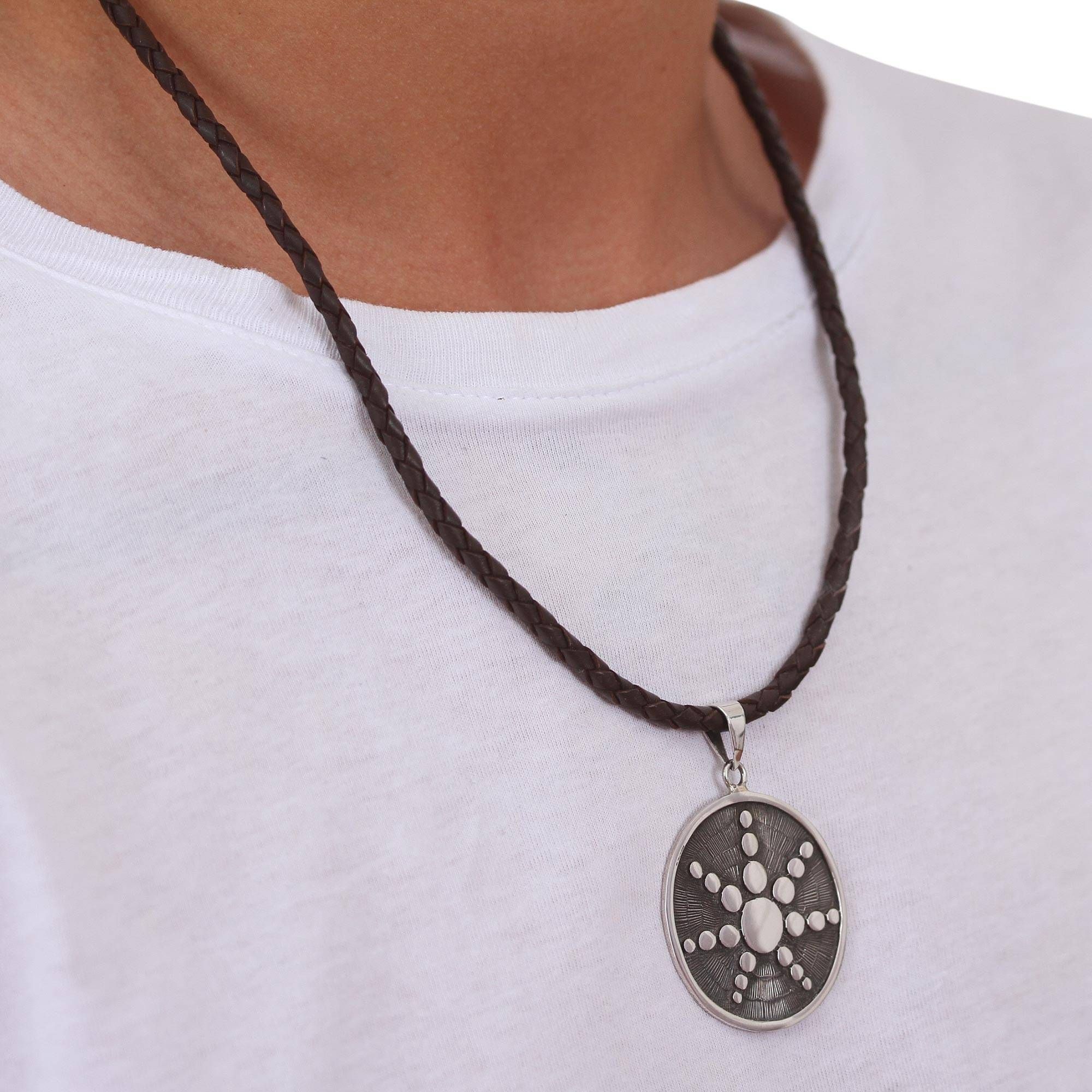 Taxco Silver And Brown Leather Artisan Crafted Necklace, 'star In The Moon' Intended For Latest Polished Moon &amp; Star Pendant Necklaces (View 15 of 25)