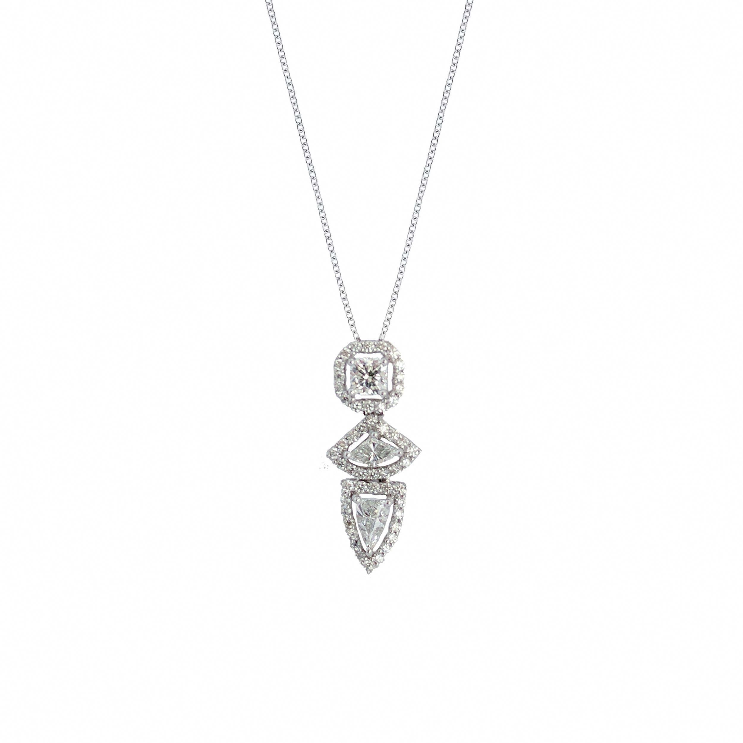 Three Diamond Vertical Necklace With Fancy Shield Shape, Square, And Regarding Recent Square Sparkle Halo Necklaces (View 15 of 25)