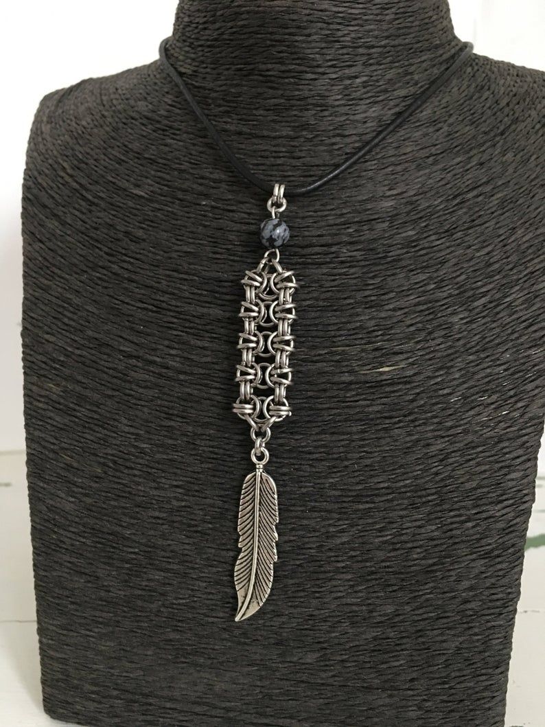 Tribal Feather Pendants For Men, Single Silver Feather Necklaces, Stainless  Steel Chainmail And Gemstones Male Summer Jewelry Fashion Wear Pertaining To Most Popular Single Feather Pendant Necklaces (View 14 of 25)