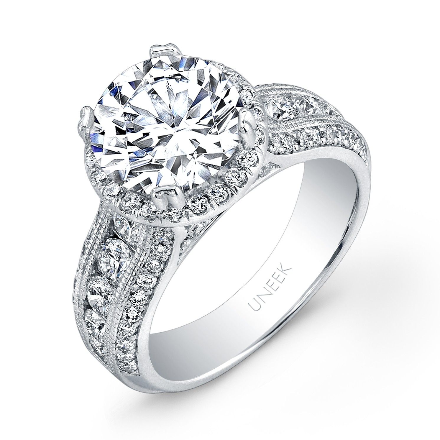 Uneek Round Diamond Wide Band Halo Engagement Ring With Inside 2019 Diamond Accent Channel Anniversary Bands In White Gold (View 20 of 25)