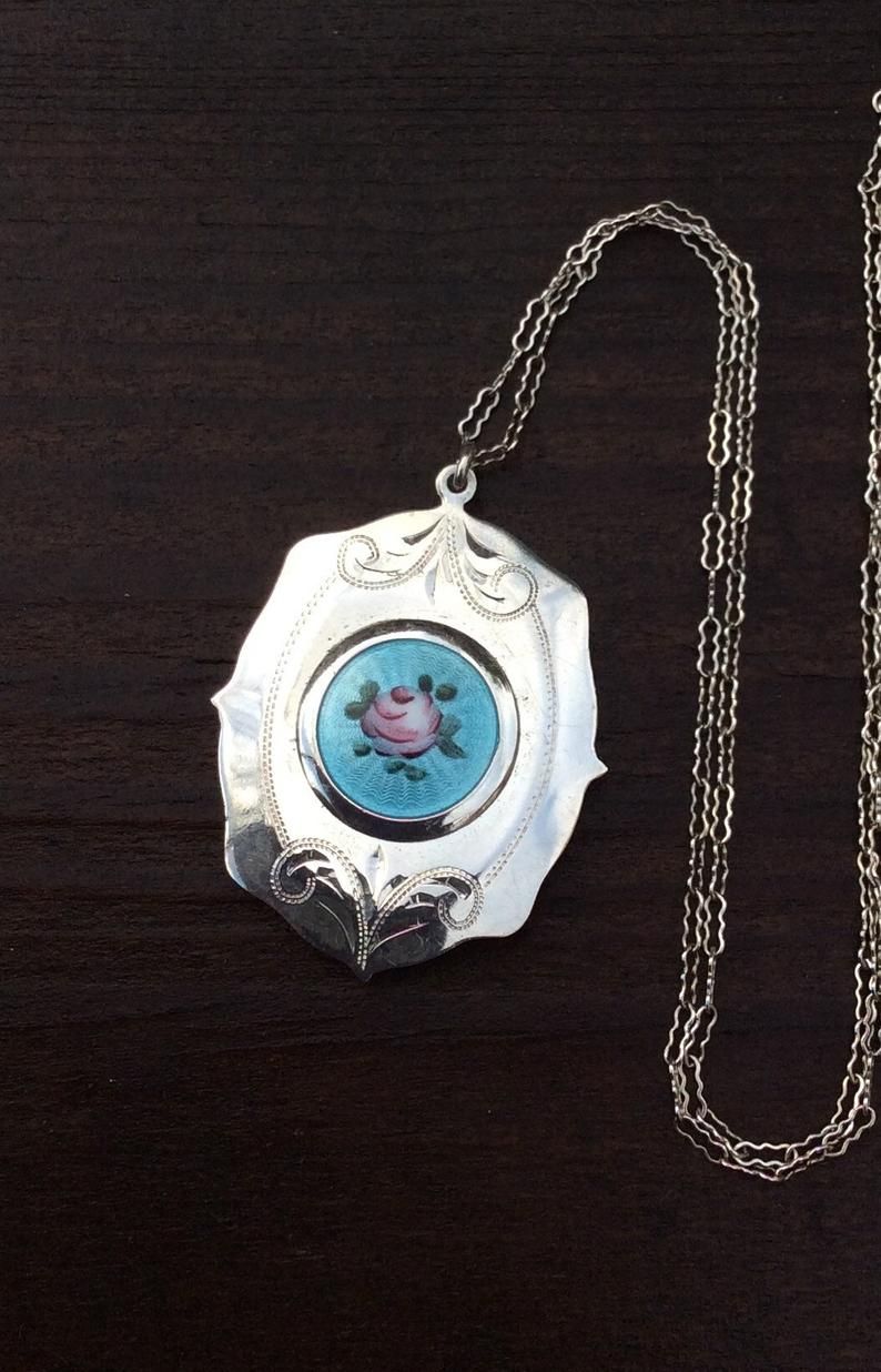 Vintage 1940s Sterling Silver Guilloche Enamel Locket Necklace, Blue  Enamel, Hand Painted Pink Rose In Recent Baby Blue Enamel Blue Heart Petite Locket Charm Necklaces (View 9 of 25)