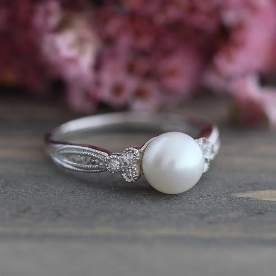 Vintage Inspired Pearl Engagement Ring In 10k White Gold 3 Regarding Most Popular Diamond Vintage Style Seven Stone Anniversary Bands In White Gold (Photo 25 of 25)