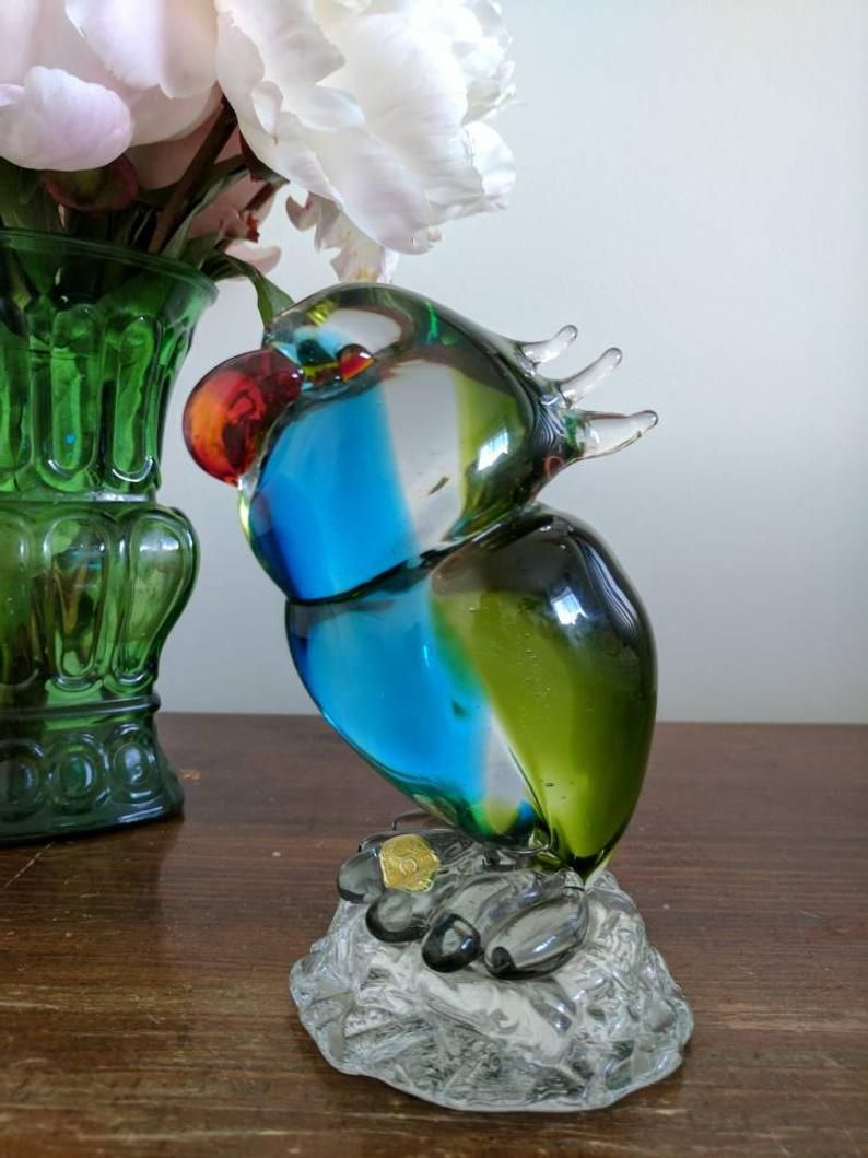 Vintage Murano Glass Parrot Figurine | Glass Parrot Sculpture | Vintage  Decor | Collectible | Icet Murano Glass Pertaining To Recent Pink Murano Glass Leaf Rings (View 10 of 25)