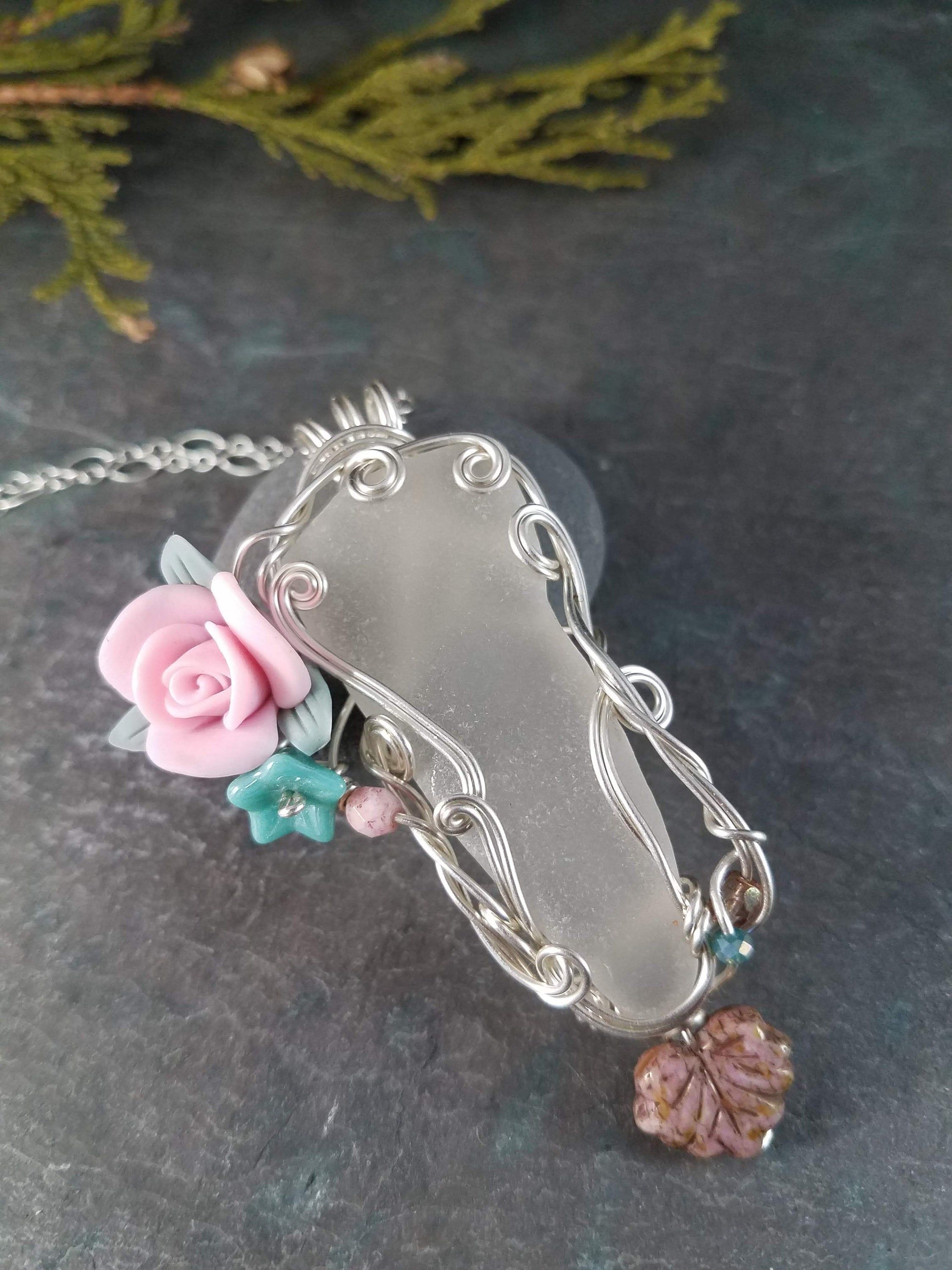 White Sea Glass Necklace – Floral Jewelry – Sea Glass Lover Gift – Mermaid  Jewelry – Romantic Necklace – Fairy Jewelry – Faerie – Floral Throughout Most Recently Released Luminous Florals Pendant Necklaces (View 14 of 25)