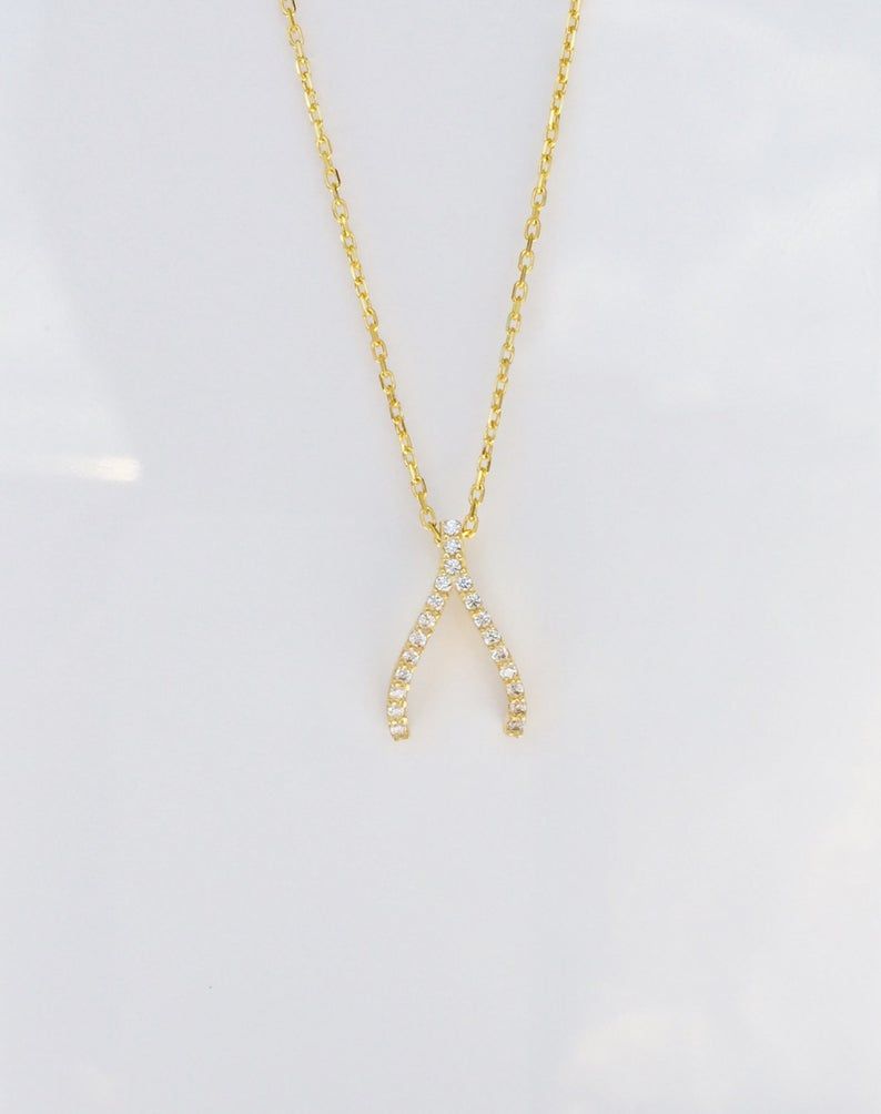 Wishbone Necklace, Gold Plated Sterling Silver And Zirconia, Make A Wish Regarding Most Popular Sparkling Wishbone Necklaces (View 2 of 25)