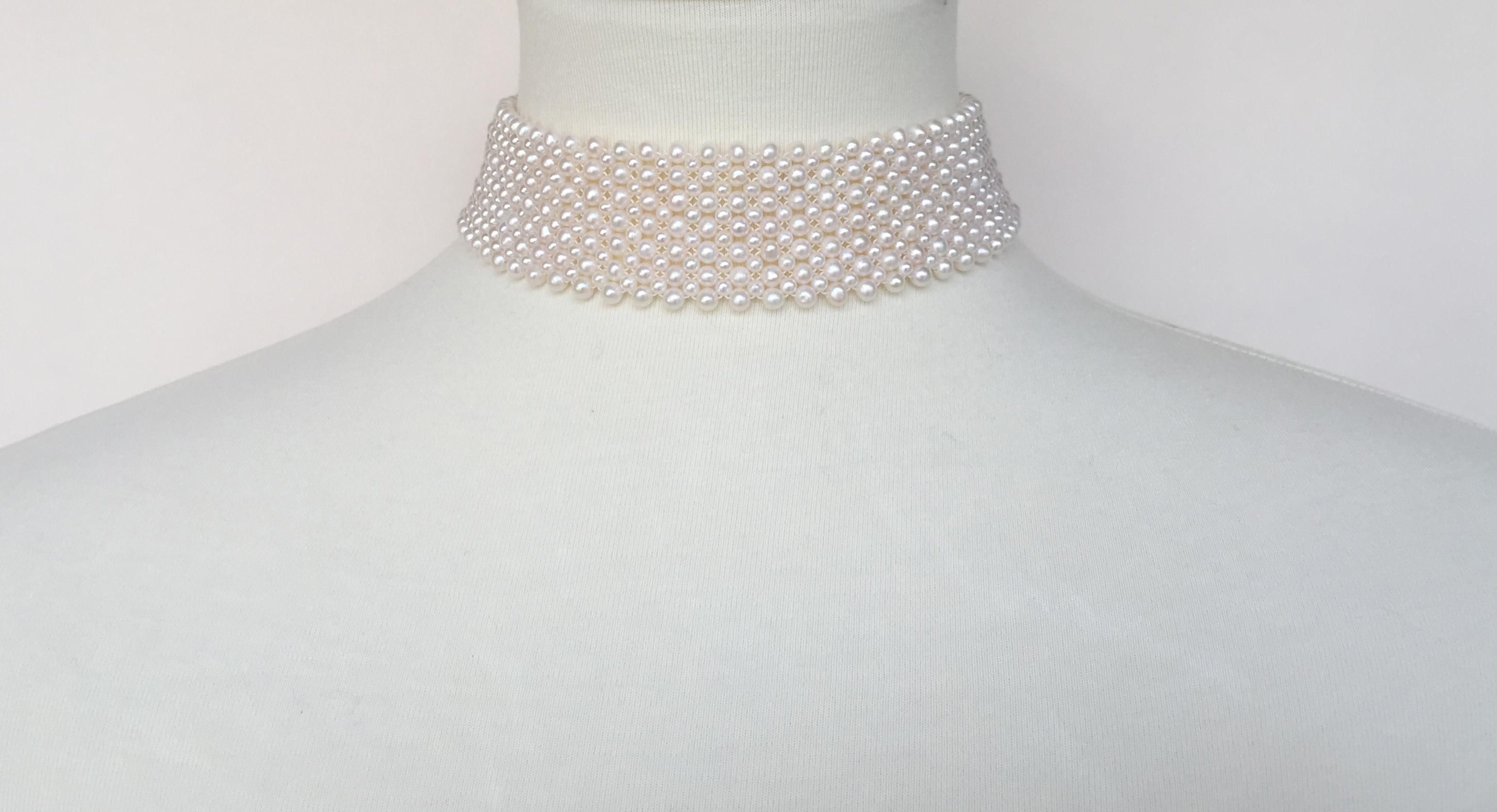 Woven Round White Pearl Wide Choker With Sterling Silver Sliding Clasp Throughout Newest Woven Fabric Choker Slider Necklaces (View 10 of 25)