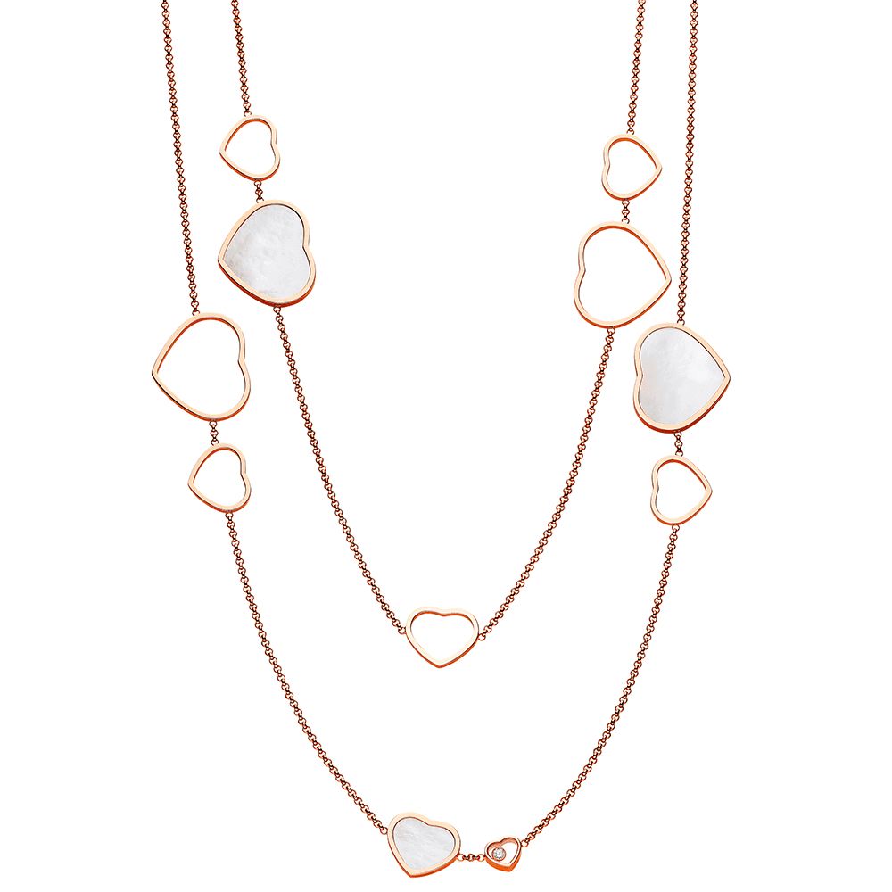 18ct Rose Gold Mother Of Pearl Happy Hearts & Diamond Sautoir Necklace Throughout Current Rose Gold Diamond Sautoir Necklaces (View 2 of 25)