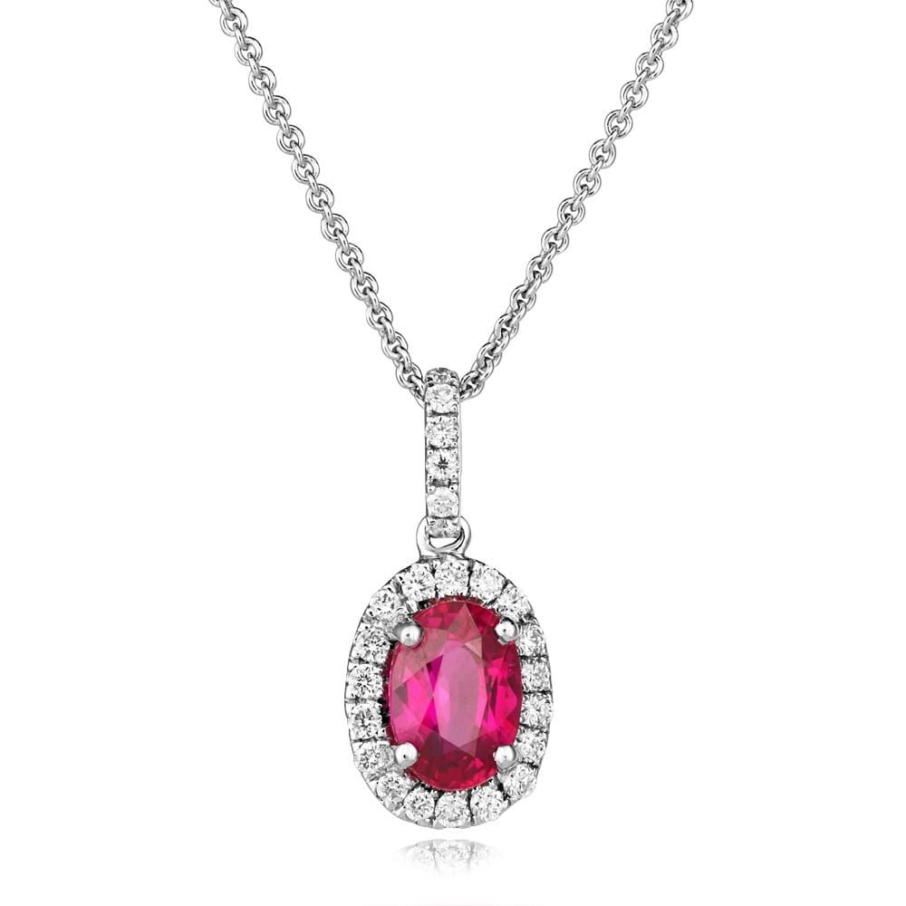 18ct White Gold Oval Ruby & Diamond Cluster Pendant Intended For Best And Newest Ruby And Diamond Cluster Necklaces (View 5 of 25)