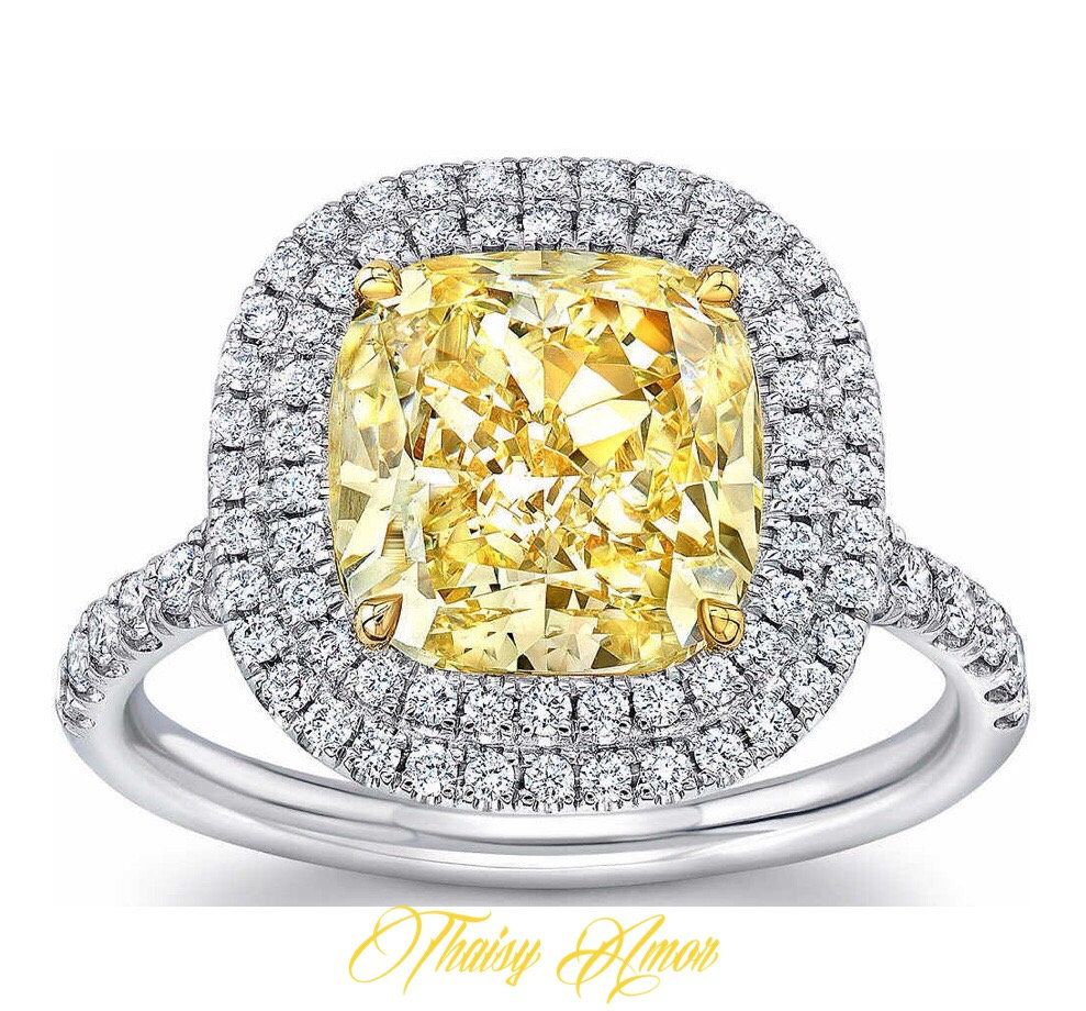 2.5 Ct Micro Pave Set Cushion Cut Double Halo Engagement Intended For Cushion Cut Yellow Diamond Micropavé Rings (Photo 25 of 25)
