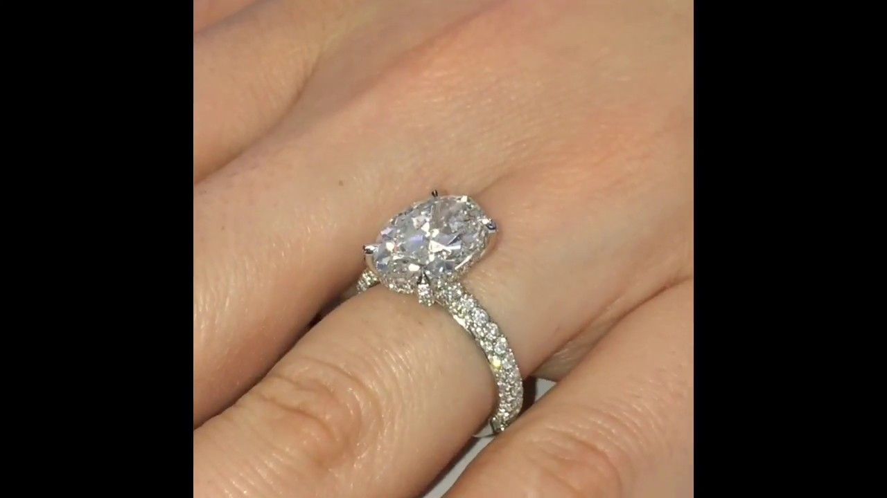 4 Carat Oval Diamond 3 Row Pave Engagement Ring Throughout Triple Row Micropavé Diamond Engagement Rings (View 6 of 25)