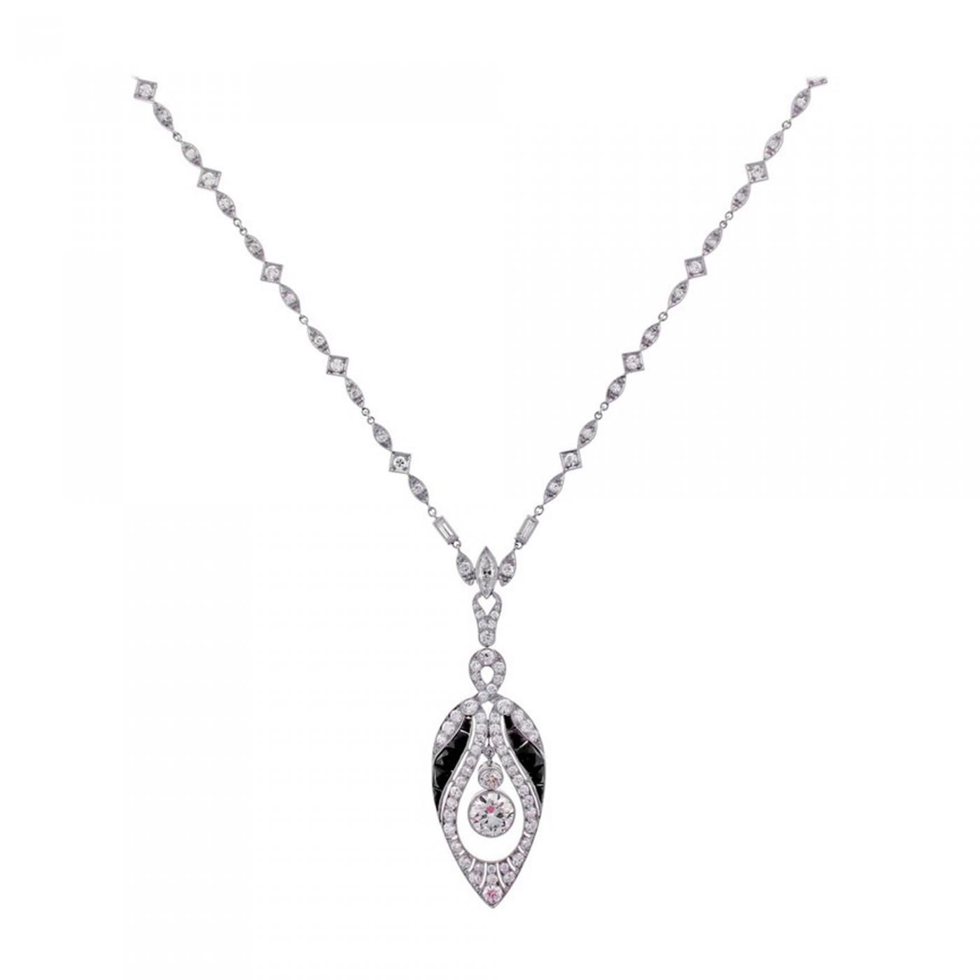Art Deco Black Onyx And Diamond Sautoir Necklace Pertaining To Recent Diamond Sautoir Necklaces In Platinum (View 6 of 25)