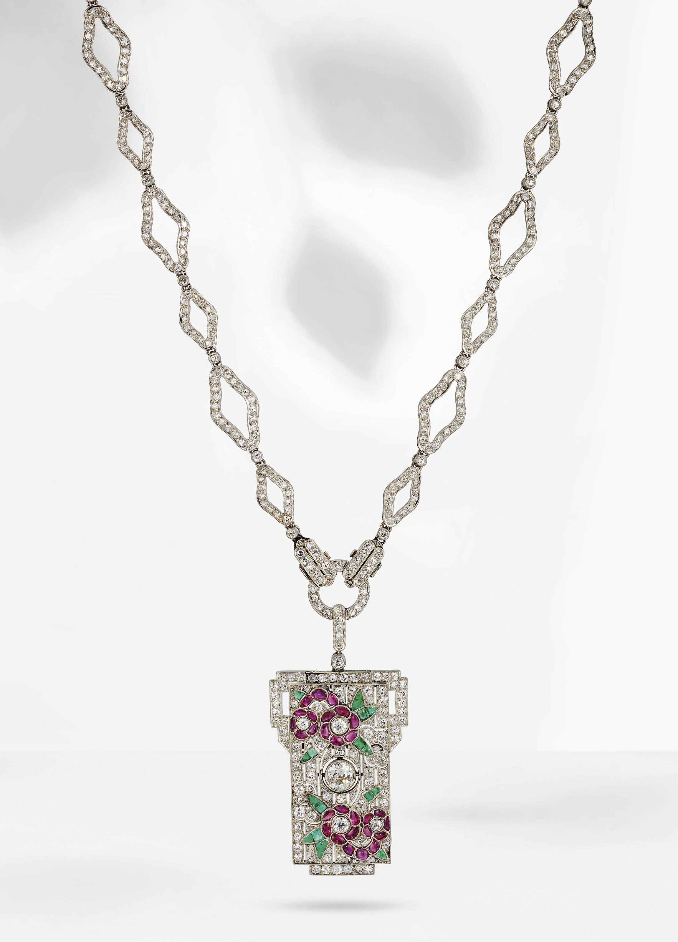 Art Déco Ruby, Emerald And Diamond Sautoir | Necklace Pertaining To Most Recent Diamond Sautoir Necklaces In Platinum (View 19 of 25)