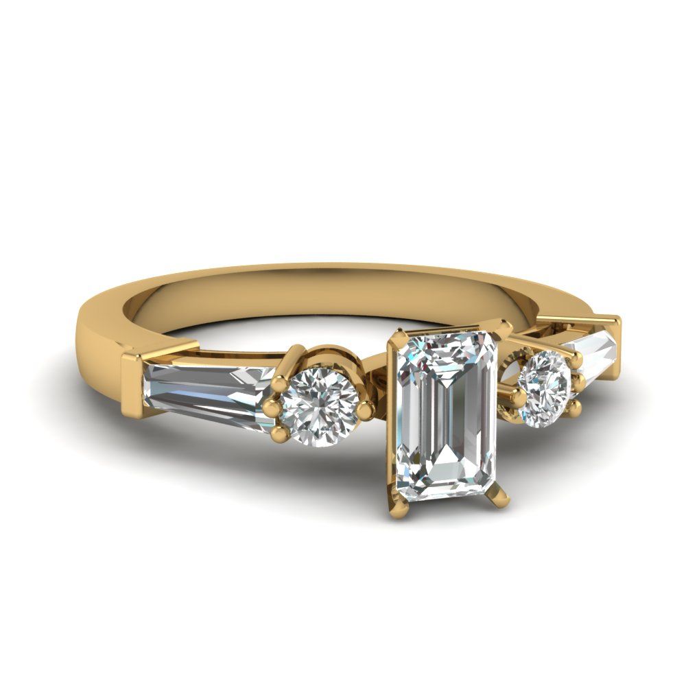 Basket 5 Stone Ring With Baguette Pertaining To Emerald Cut Engagement Rings With Tapered Baguette Side Stones (View 16 of 25)