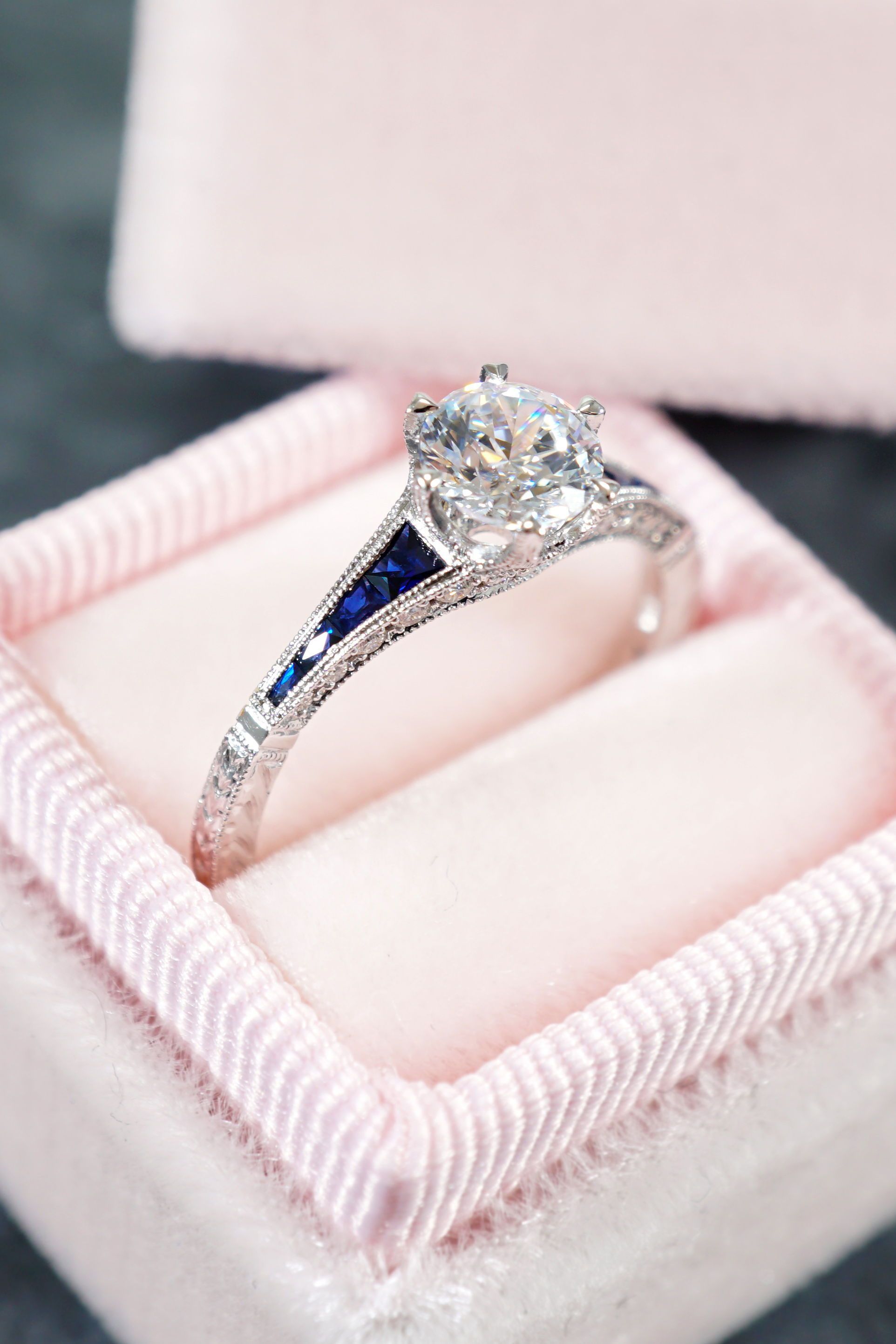 Blue Sapphire And Diamond Engagement Ring | Diamond And With Regard To Recent Prong Set Round Brilliant Ruby And Diamond Wedding Bands (View 6 of 25)
