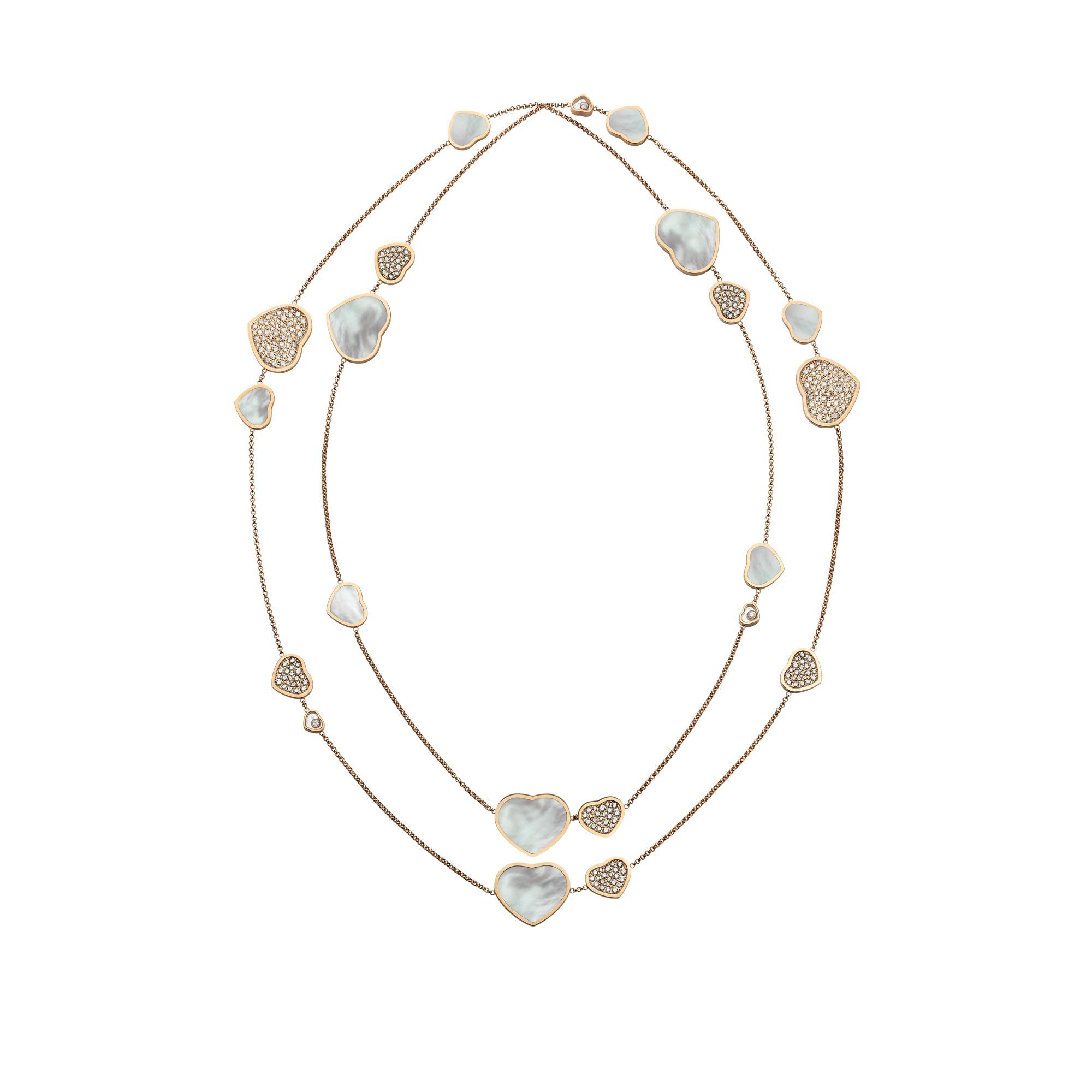 Chopard Happy Hearts 18k Rose Gold Mother Of Pearl Diamond Sautoir Necklace Intended For Most Up To Date Rose Gold Diamond Sautoir Necklaces (View 18 of 25)