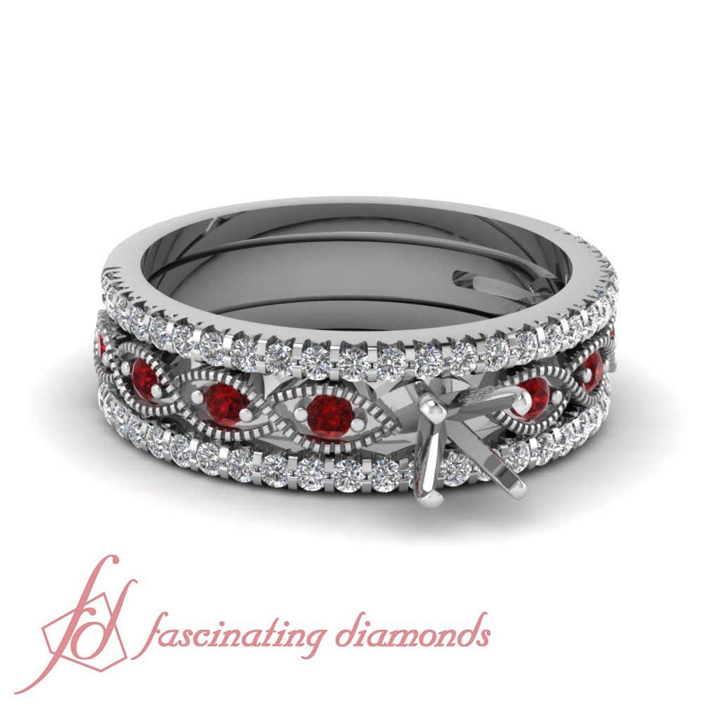 Details About 1/2 Ct Engagement Ring Mounting With Ruby And French Prong  Wedding Bands With Regard To Current Prong Set Round Brilliant Ruby And Diamond Wedding Bands (View 8 of 25)