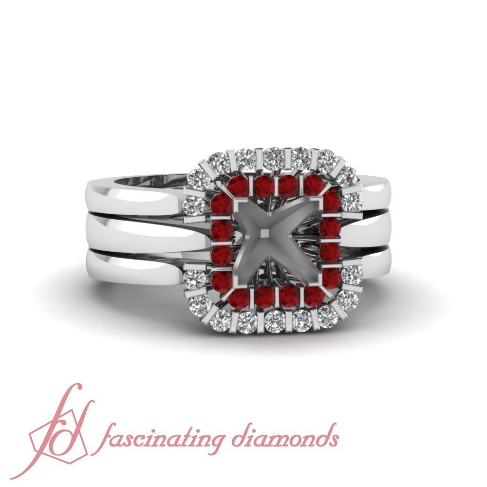 Details About Platinum Engagement Ring Setting With Round Diamond & Ruby  Wedding Bands Within Most Popular Prong Set Round Brilliant Ruby And Diamond Wedding Bands (View 10 of 25)