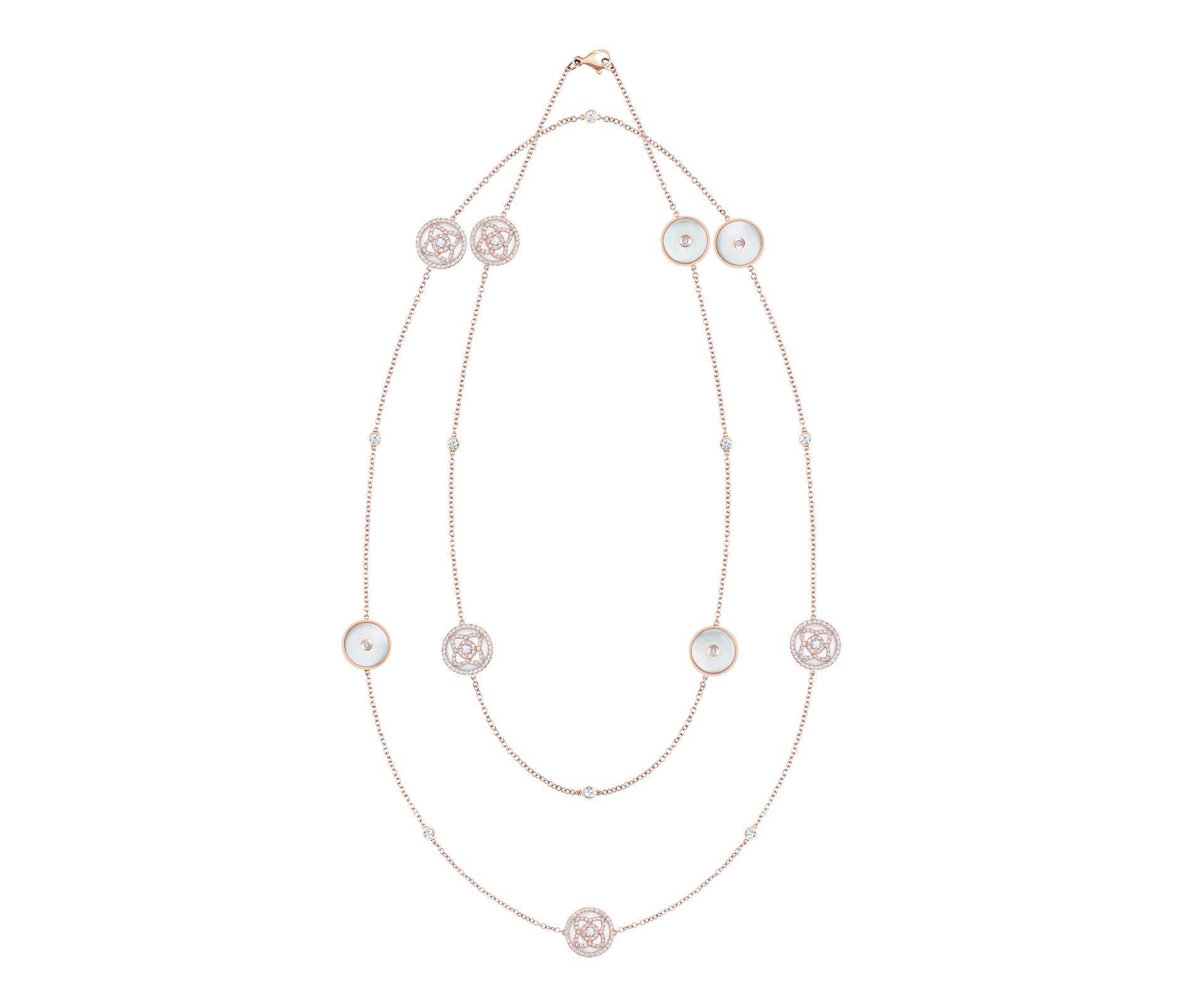 Enchanted Lotus Rose Gold & White Mother Of Pearl Sautoir Necklace In Latest Rose Gold Diamond Sautoir Necklaces (View 6 of 25)