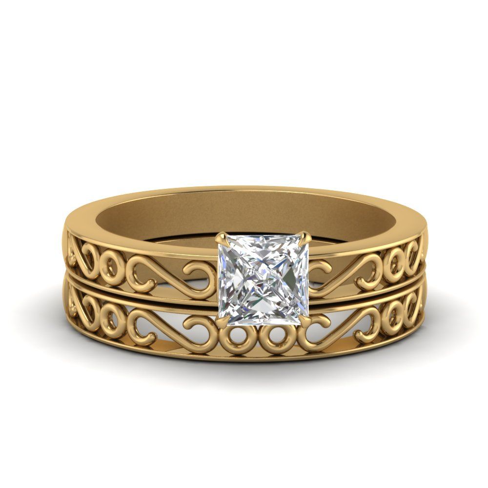 Filigree Princess Cut Single Stone Wedding Ring Set In 14k Yellow Gold In Most Popular Princess Cut Single Diamond Wedding Bands In Yellow Gold (View 18 of 25)