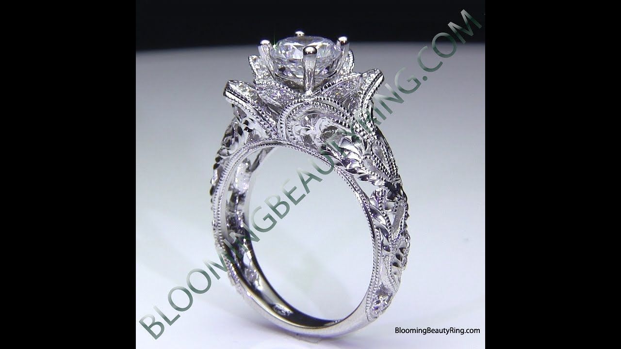 Lotus Flower Diamond Engagement Ring Hand Engraved With Milgrain With Regard To Winston Blossom Diamond Engagement Rings (View 24 of 25)