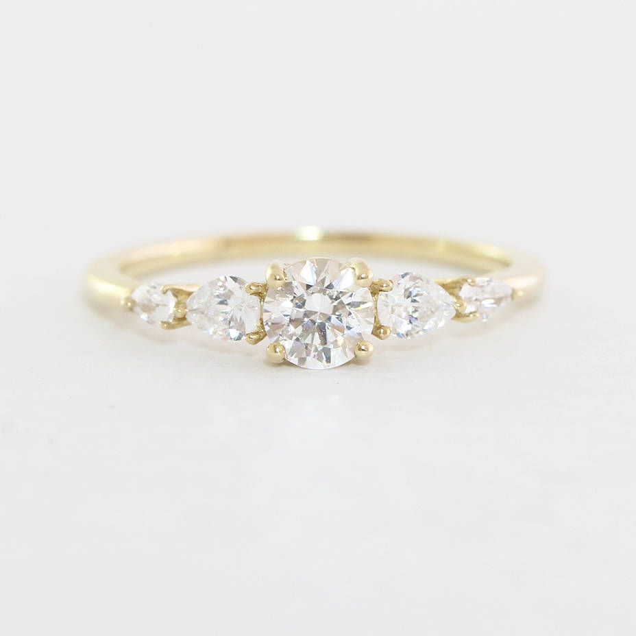 Moissanite And Pear Shape Diamond Engagement Ring Handmade In  White/yellow/rose Gold Cluster Delicate Petite Thin Band In Pear Shaped Cluster Diamond Engagement Rings (View 21 of 25)