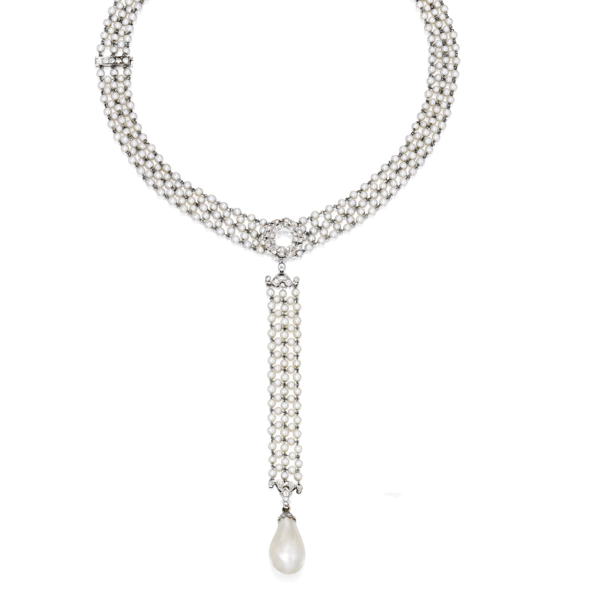 Platinum, Pearl And Diamond Sautoir Suspending A Pearl Drop Within Most Up To Date Diamond Sautoir Necklaces In Platinum (View 15 of 25)