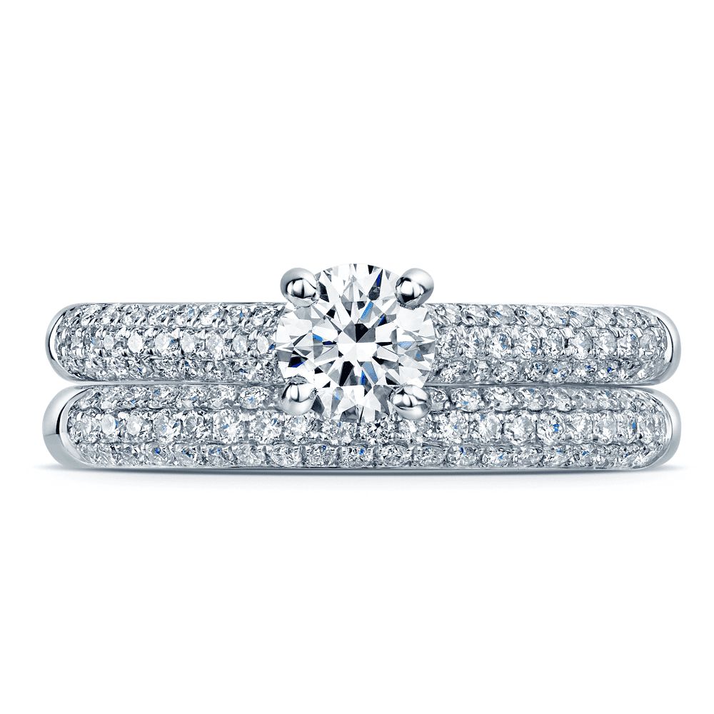 Platinum Round Brilliant Diamond Engagement Ring With Pave Shoulders And  Pave Half Diamond Wedding Ring Bridal Set For Round Brilliant Diamond Micropavé Engagement Rings (View 17 of 25)