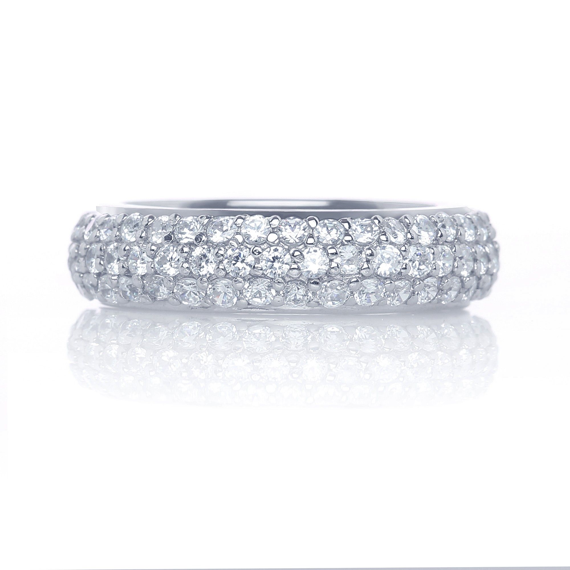 Rhodium Plated 925 Sterling Silver 3 Row Pave Cubic Zirconia With Regard To Current Triple Row Micropavé Diamond Wedding Bands (Photo 15 of 25)