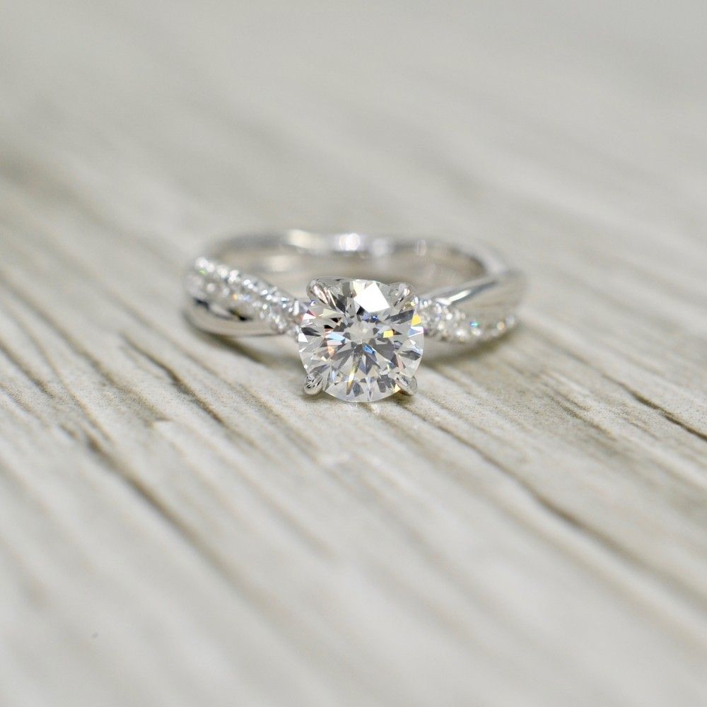 Round Brilliant In An Interwoven Single Diamond Strand French Pavé  Engagement Ring In White Intended For Most Recently Released Round Brilliant Single Diamond Wedding Bands (View 8 of 25)