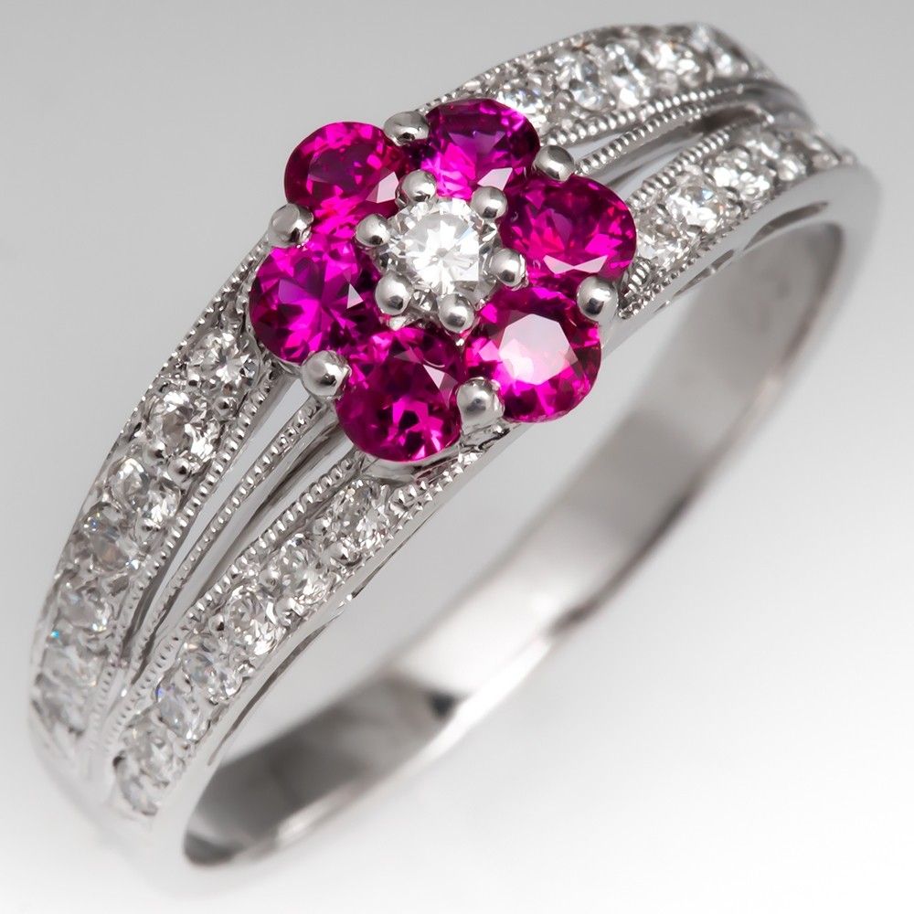Ruby Flower Diamond Band Ring 14k White Gold Regarding Most Popular Prong Set Round Brilliant Ruby And Diamond Wedding Bands (View 9 of 25)