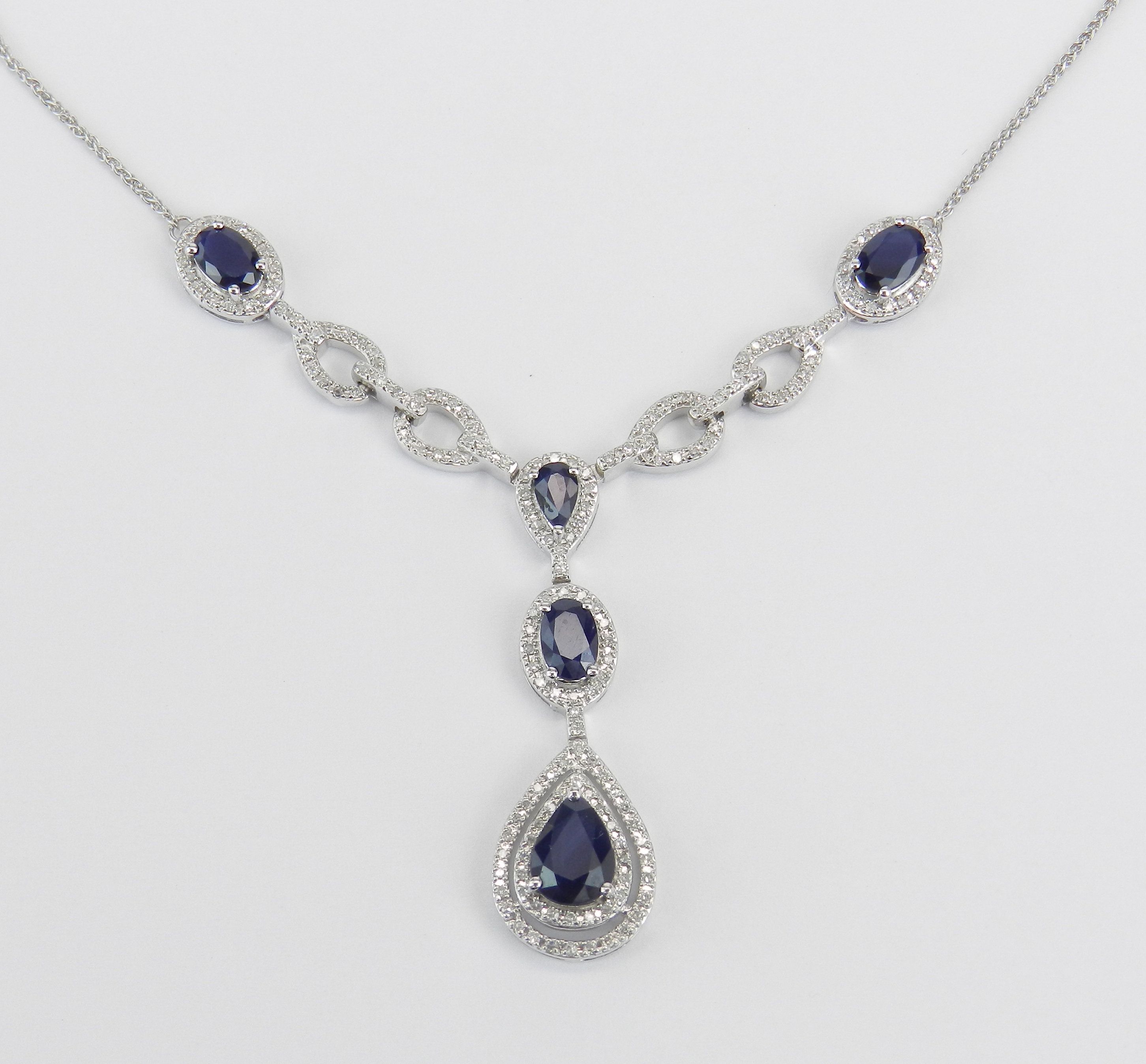 Sapphire And Diamond Lariat Necklace, 14k White Gold Necklace, September  Birthstone Necklace, Sapphire Halo Necklace Intended For Current Lariat Sapphire And Diamond Necklaces (View 3 of 25)