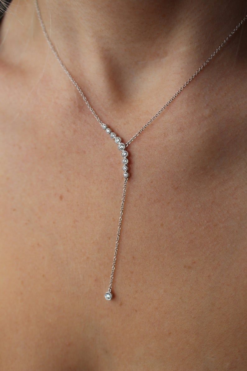 Solid 14kt And Natural Diamond Y Necklace, Lariat Necklace With Regard To Recent Round Brilliant Diamond Lariat Necklaces (View 12 of 25)