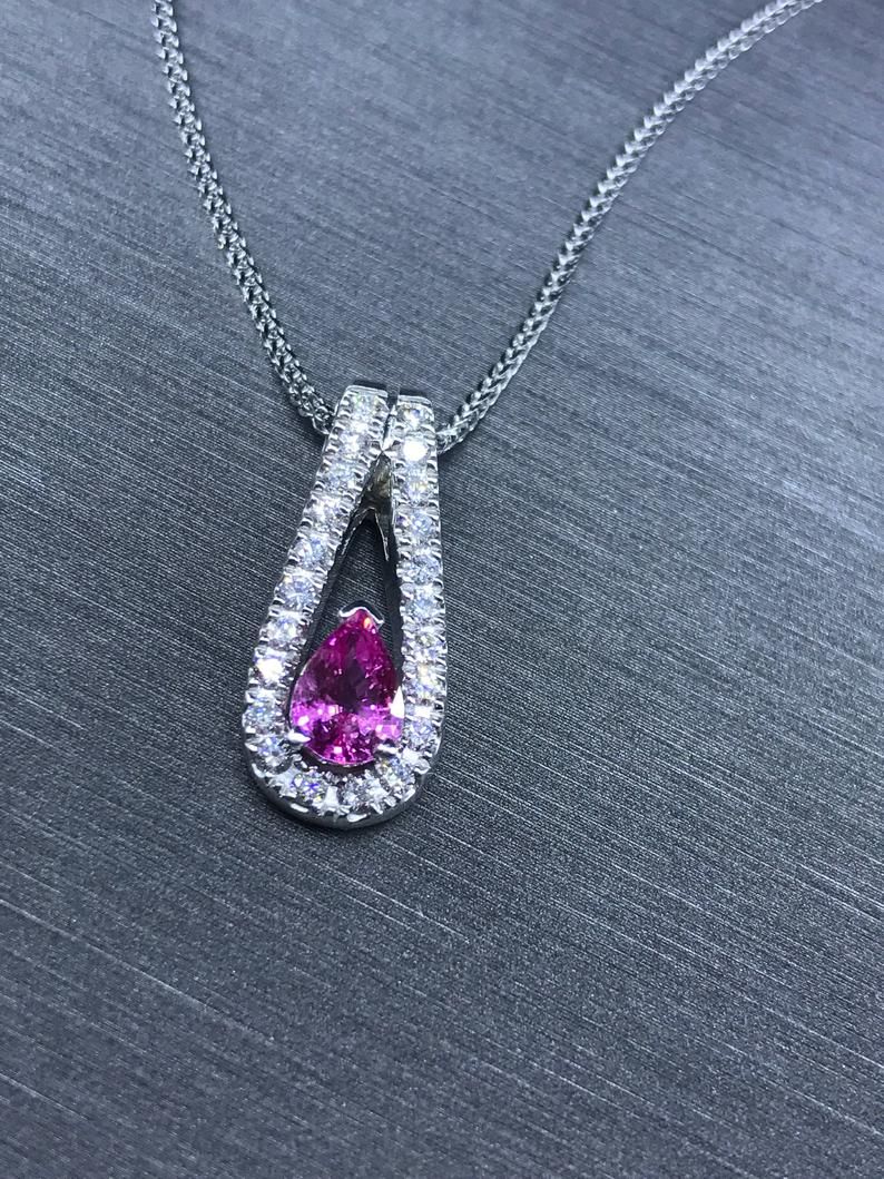 Tears Of Pink Sapphire – Diamond Necklace – Sapphire Necklace – September  Birthstone – Pear Shaped – White Gold Necklace – Pink Sapphire For 2020 Lariat Pink Sapphire And Diamond Necklaces (View 21 of 25)