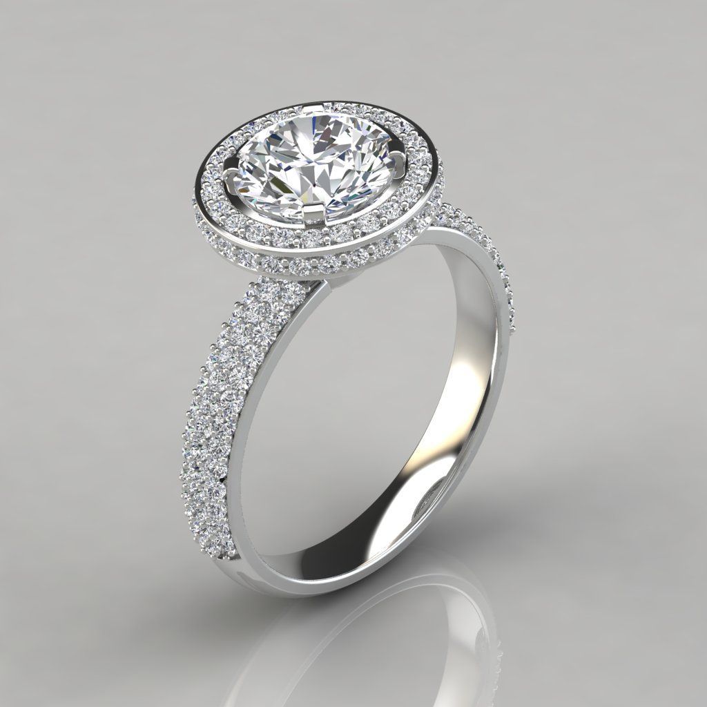 Trio Micro Pavé Round Cut Halo Engagement Ring – Puregemsjewels Pertaining To Round Brilliant Diamond Micropavé Engagement Rings (View 7 of 25)