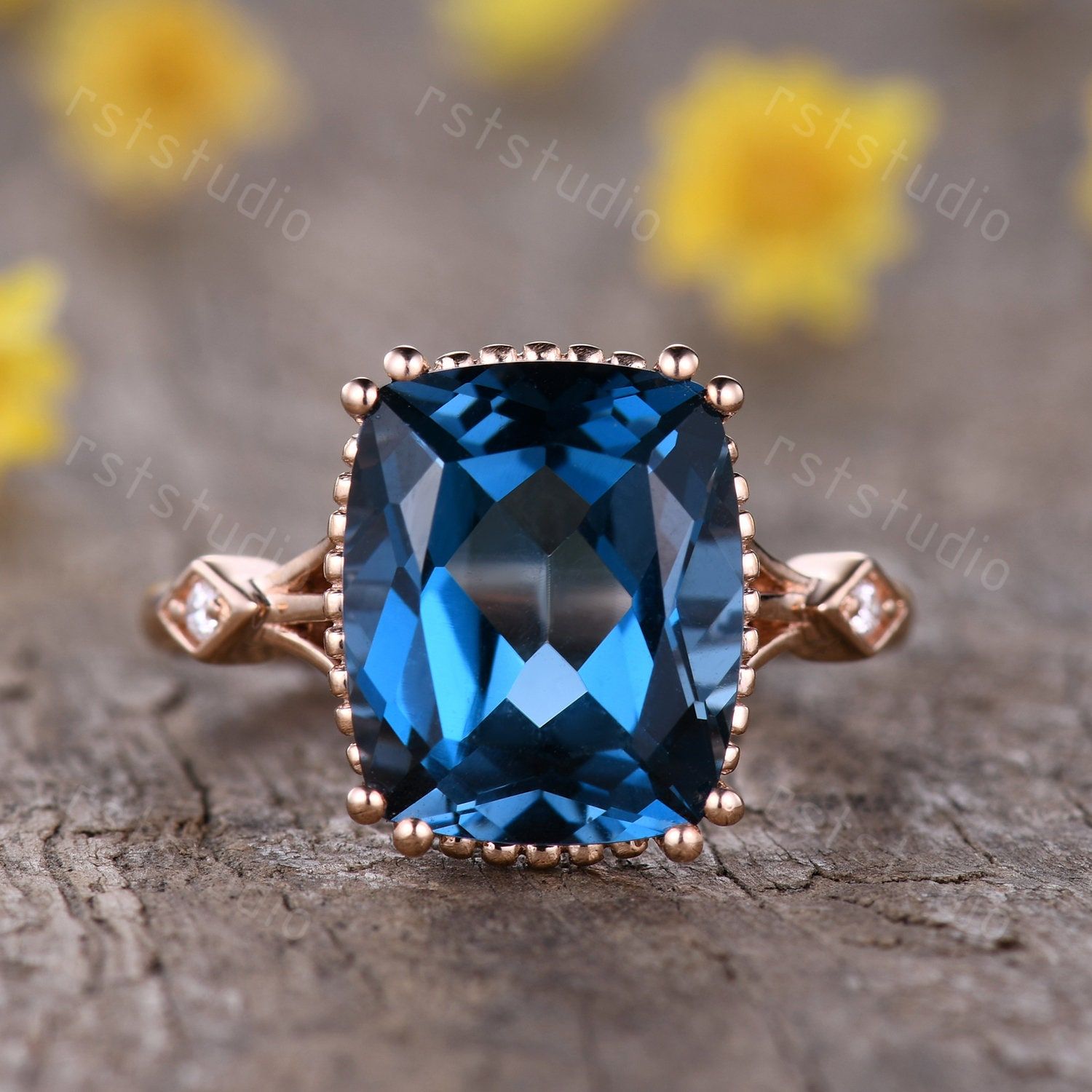 10x12mm Cushion Cut London Blue Topaz Engagement Ringblue – Etsy In Blue Topaz Rings With Braided Gold Band (View 8 of 25)