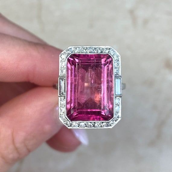 12.11 Carat Emerald Cut Rubellite And Diamond Halo Engagement – Etsy Pertaining To Rubellite And Diamond Halo Rings (Photo 25 of 25)
