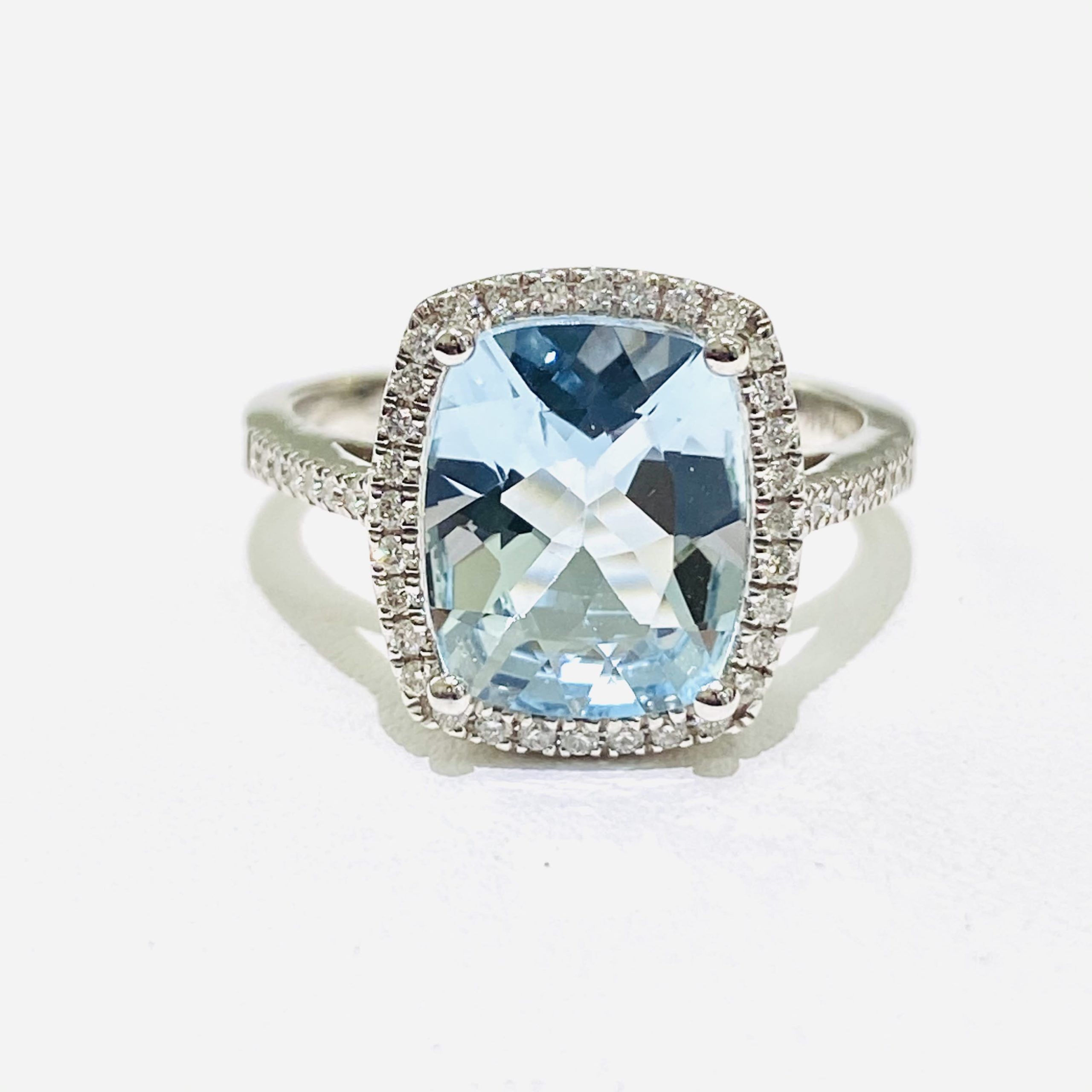 14k Elongated Cushion Aquamarine And Diamond Halo Ring – Union Street  Jewelers With Aquamarine And Diamond Cushion Halo Rings (View 12 of 25)