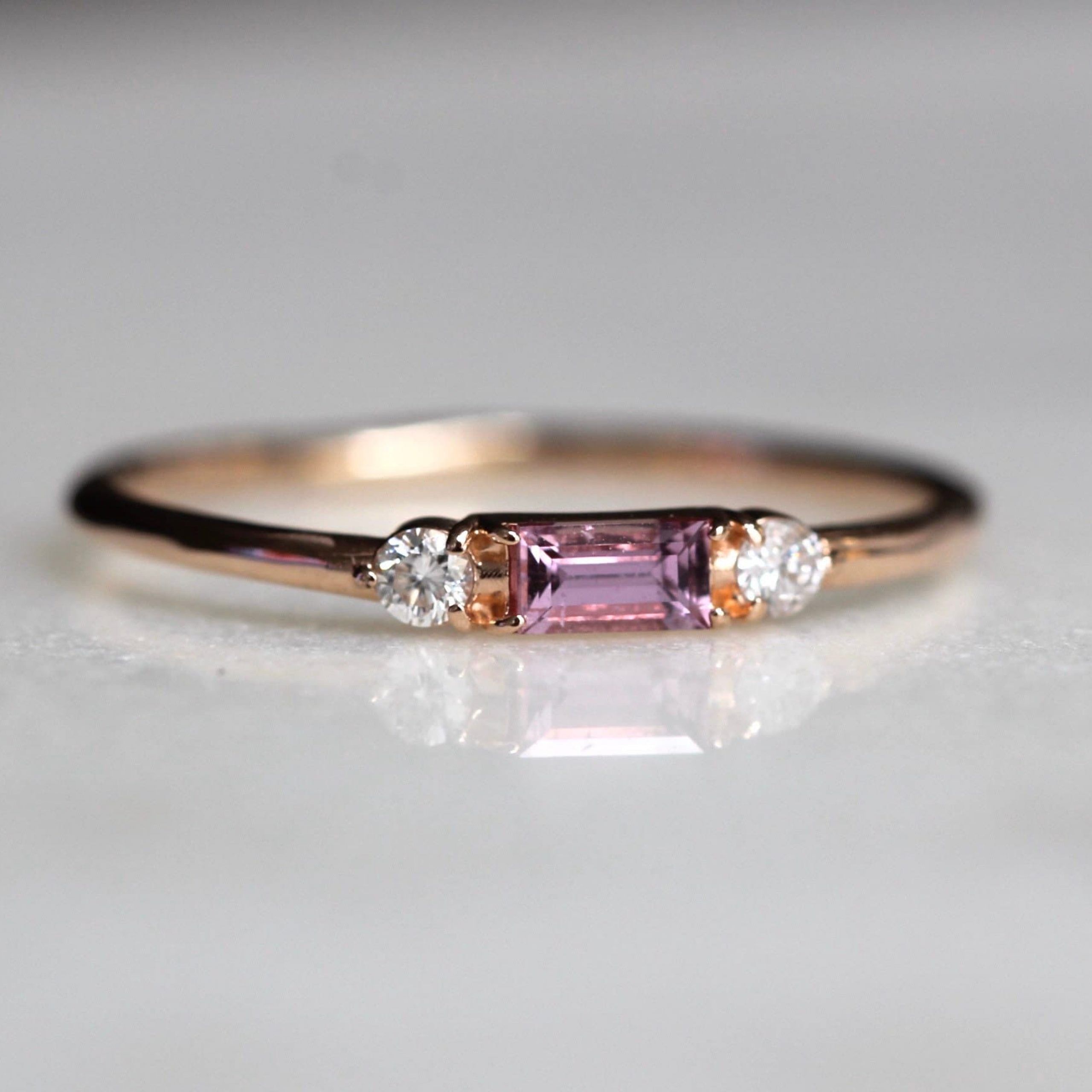 14k Pink Sapphire Baguette Ring Three Stone Ring Stacking – Etsy Singapore For Stackable Pink Sapphire Rings (View 21 of 25)