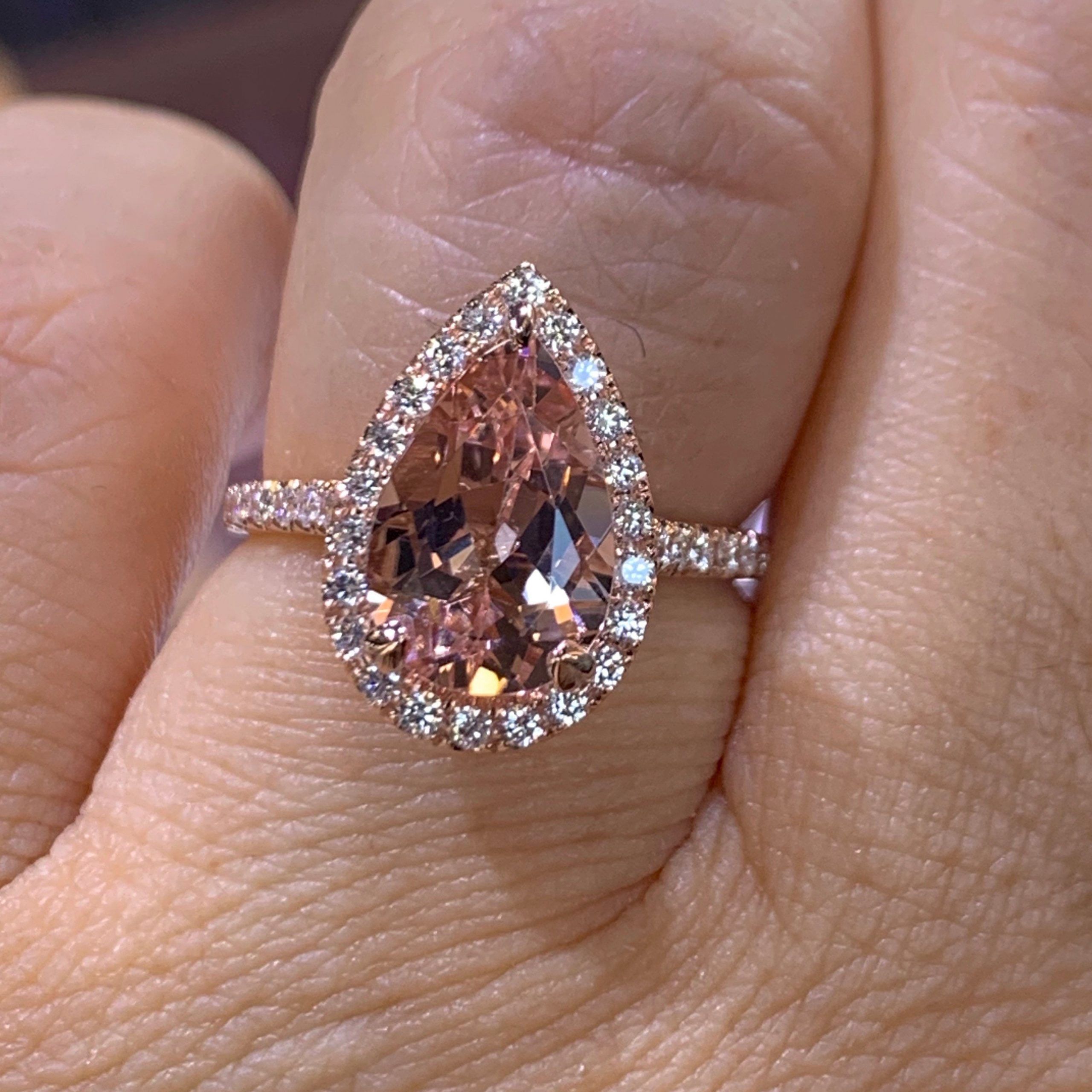 14k Rose Gold Genuine Morganite Diamond Halo Ring Pear Shape – Etsy Hong  Kong Throughout Morganite Halo Rings (View 4 of 25)